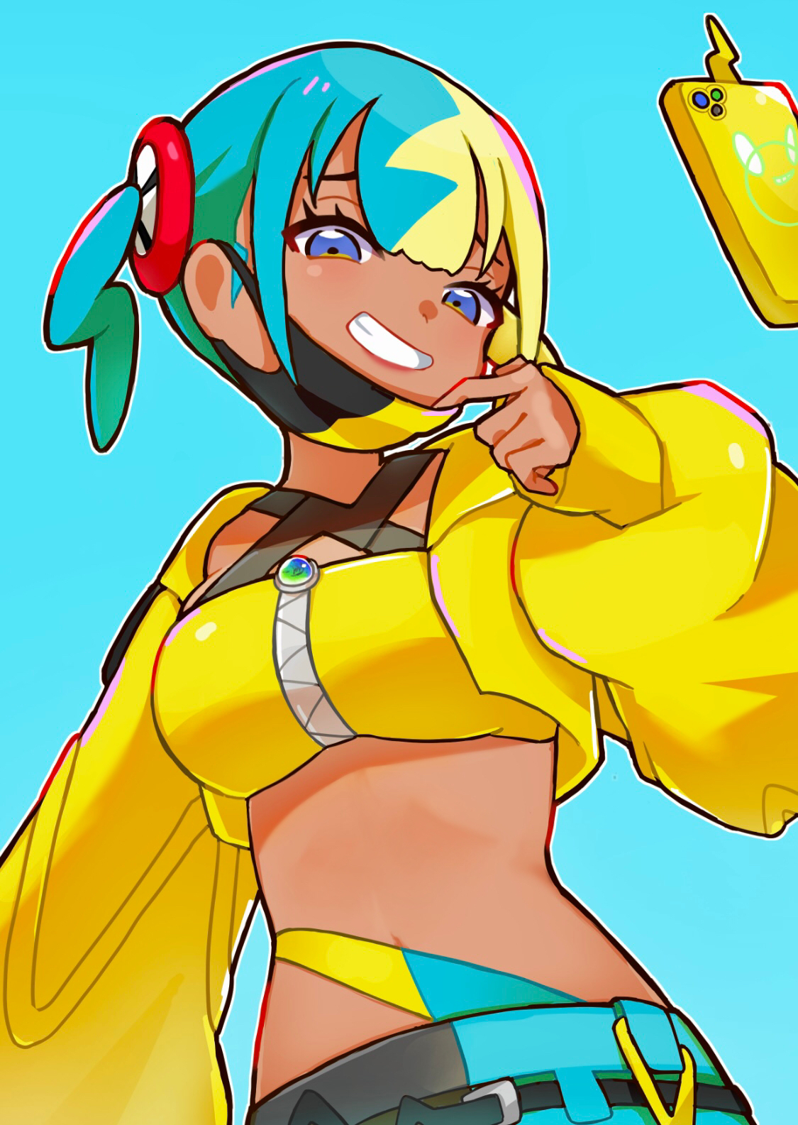meta-g (curc8737), canari (pokemon), rotom, rotom phone, nintendo, pokemon, pokemon legends: z-a, commentary request, highres, 1girl, bandeau, belt, black belt, blue background, blue eyes, cropped jacket, eyelashes, gen 4 pokemon, grin, hand up, jacket, long sleeves, looking down, mask, mask pull, mouth mask, multicolored hair, open clothes, open jacket, pants, short twintails, simple background, sleeves past wrists, smile, teeth, twintails, yellow bandeau, yellow jacket, zipper, zipper pull tab