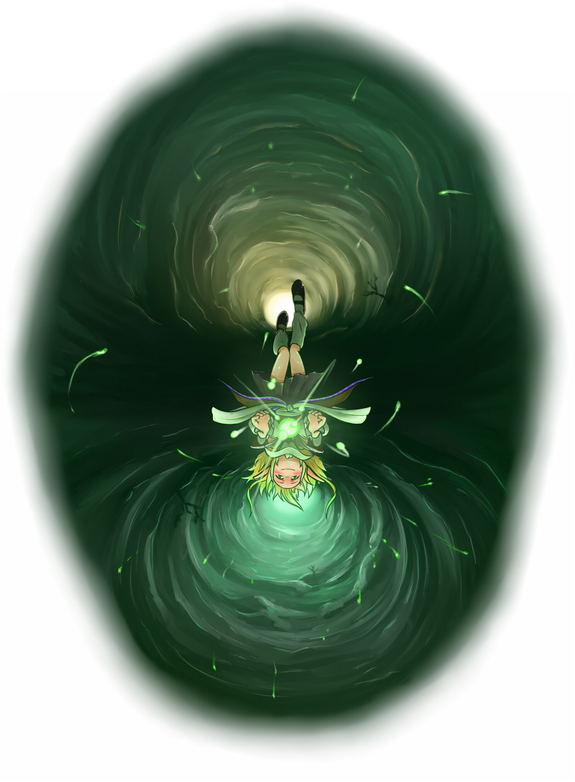 daitai konna kanji, mizuhashi parsee, touhou, 1girl, arm warmers, blonde hair, cave, female focus, floating, glowing, green eyes, magic, mary janes, pointy ears, scarf, shoes, short hair, solo, upside-down