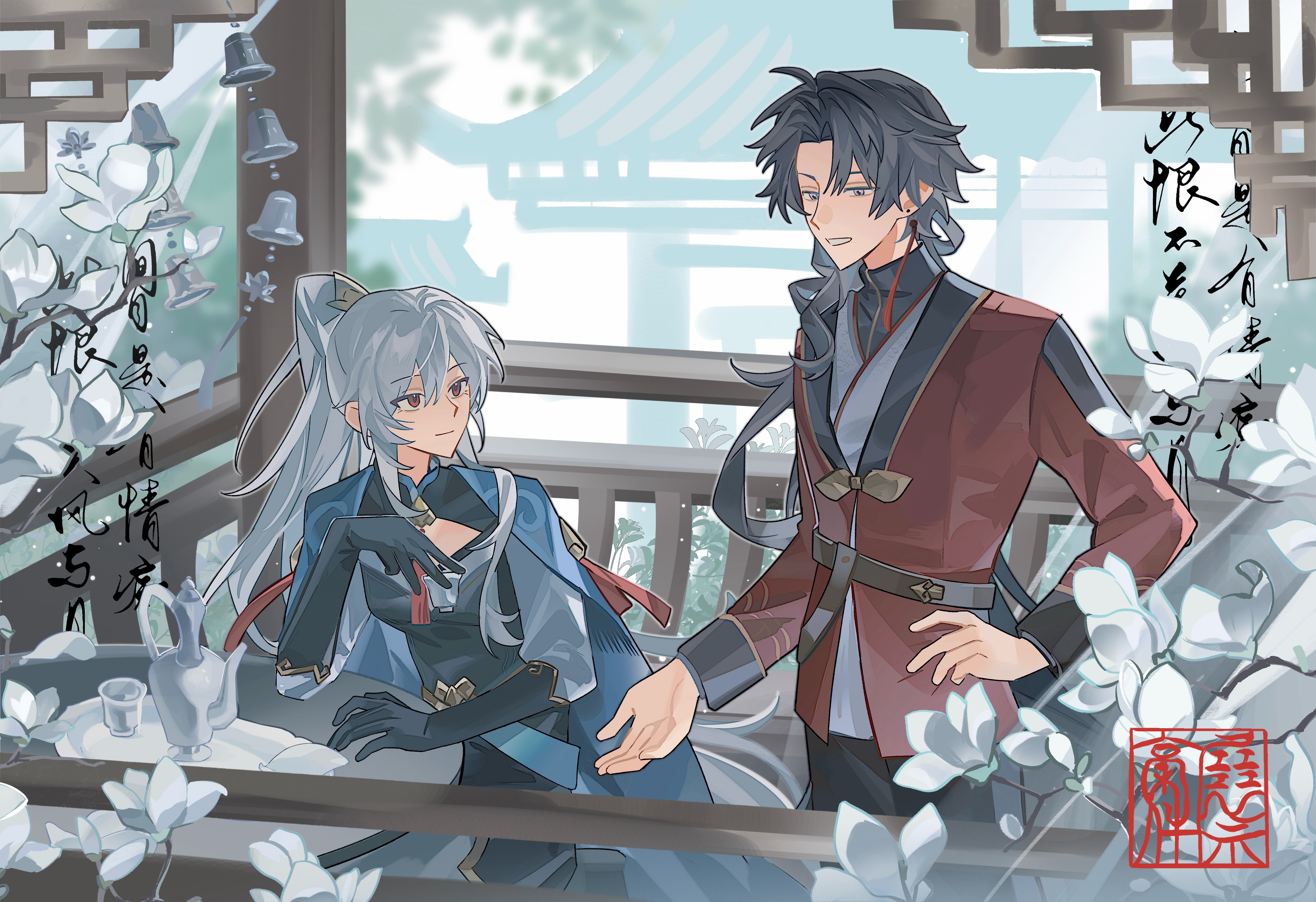 blade (honkai: star rail), jingliu (honkai: star rail), honkai: star rail, honkai (series), absurdres, chinese commentary, highres, 1boy, 1girl, alternate costume, architecture, bell, black gloves, black hair, blurry, blurry background, chinese clothes, chinese text, couple, curly hair, east asian architecture, gloves, grey hair, hair between eyes, high ponytail, leaning to the side, long sleeves, outdoors, pants, parted bangs, parted lips, ponytail, sitting, standing, table, teeth, upper body, wavy hair, yanhuitangqian