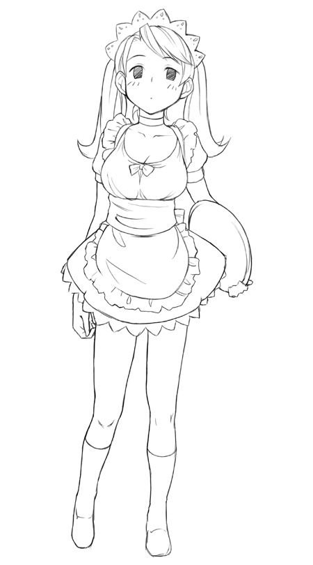 minato fumi, blush, breasts, greyscale, large breasts, monochrome, solo, twintails, waitress