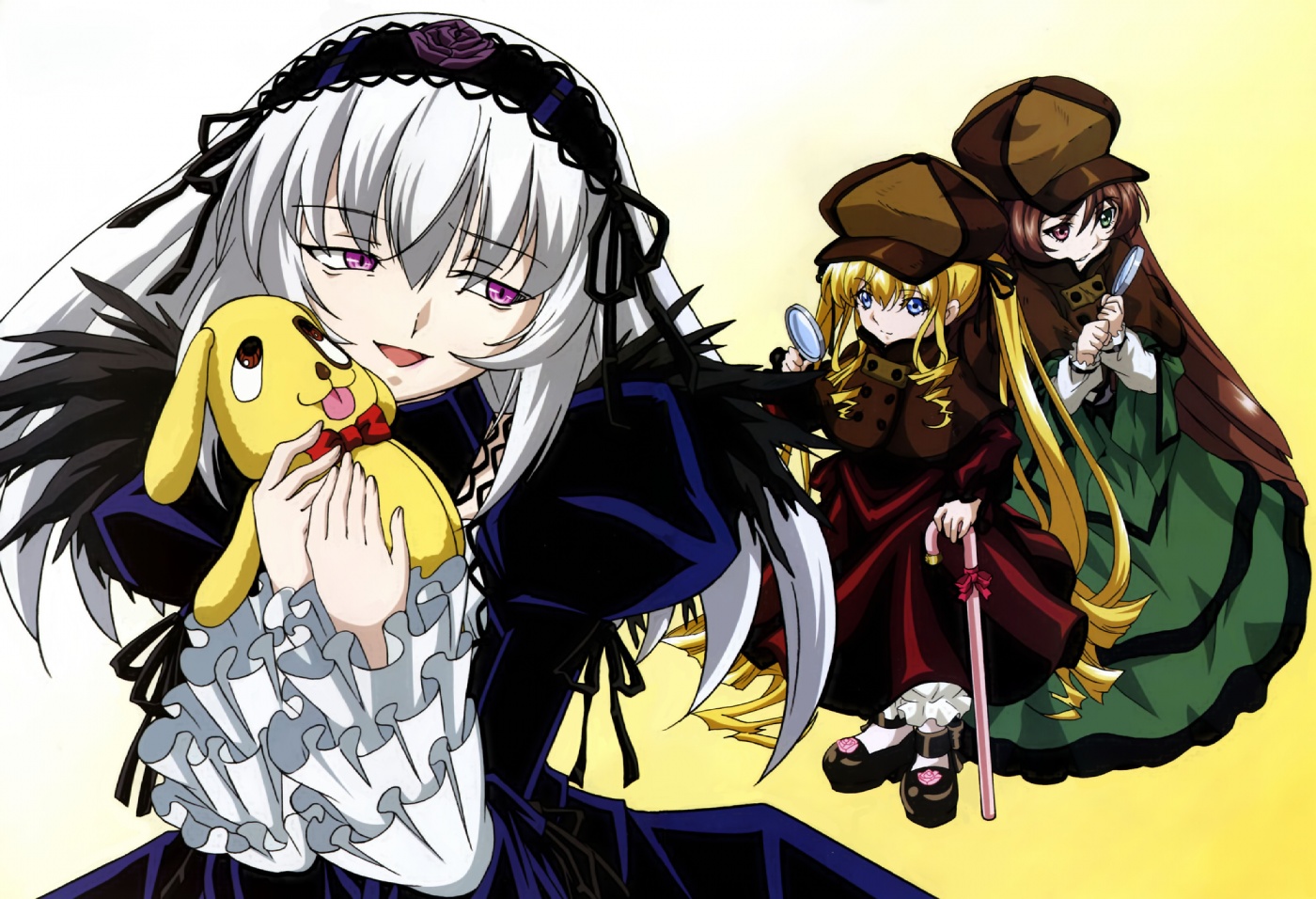 tamura masafumi, kunkun, shinku, suigintou, suiseiseki, rozen maiden, silver hair, 00s, 3girls, black wings, blonde hair, bloomers, blue eyes, brown hair, cane, capelet, cosplay, detective, drill hair, flower, frills, green eyes, hairband, hat, heterochromia, hug, kunkun (cosplay), long hair, long sleeves, magnifying glass, multiple girls, newsboy cap, pink eyes, puffy sleeves, red eyes, ribbon, rose, shoes, stuffed animal, stuffed toy, underwear, very long hair, wide sleeves, wings