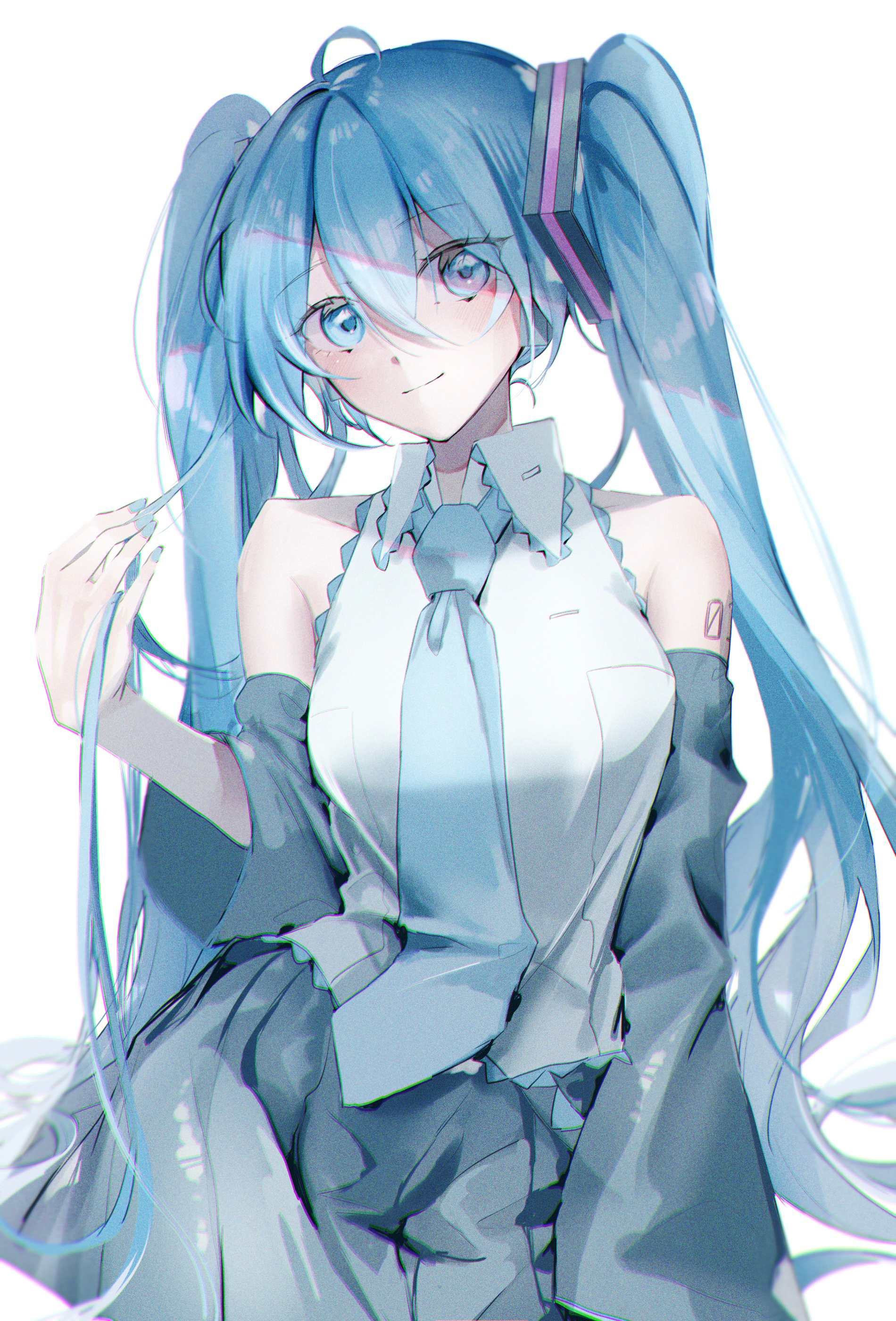 saksak mocchiri, hatsune miku, vocaloid, absurdres, highres, 1girl, ahoge, aqua eyes, aqua hair, aqua nails, aqua necktie, aqua trim, arm tattoo, black skirt, breasts, closed mouth, collared shirt, detached sleeves, hair between eyes, hair ornament, light blush, long hair, long sleeves, looking at viewer, medium breasts, necktie, number tattoo, pleated skirt, shirt, simple background, sitting, skirt, sleeveless, sleeveless shirt, smile, solo, tattoo, twintails, very long hair, white background, white shirt, wide sleeves