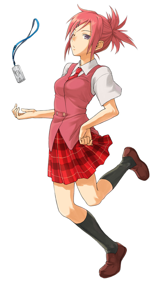 minato fumi, asakura kazumi, mahou sensei negima!, 00s, 1girl, camera, female focus, full body, hair ornament, hairclip, miniskirt, necktie, one eye closed, pink hair, plaid clothes, plaid skirt, pleated skirt, purple eyes, red hair, school uniform, shoes, short hair, sidelocks, simple background, skirt, socks, solo, standing, vest, wink
