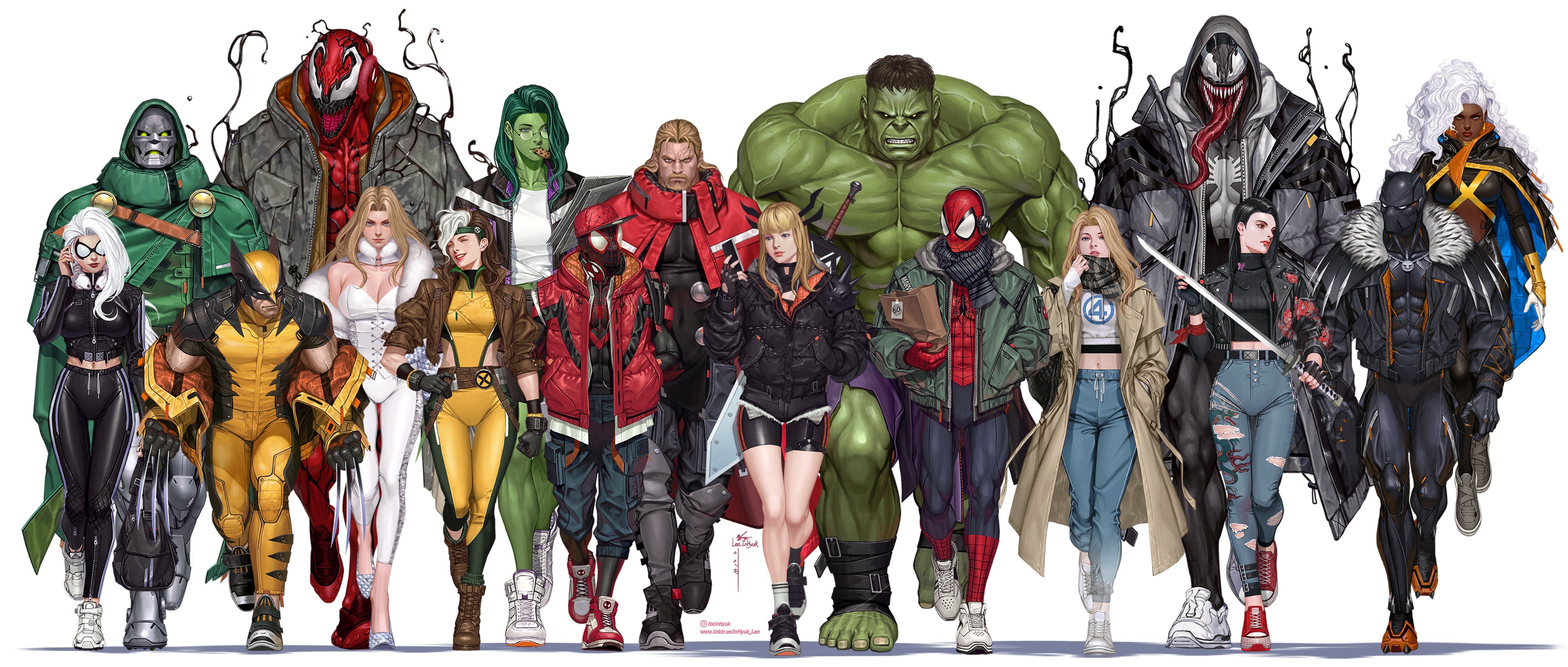 in-hyuk lee, black cat (marvel), black panther (marvel), carnage (marvel), doctor doom, emma frost, hulk, magik (x-men), miles morales, peter parker, psylocke, rogue (x-men), she-hulk, spider-man, spider-man (miles morales), storm (x-men), sue storm, thor (marvel), venom (marvel), wolverine (x-men), deadpool & wolverine, deadpool (series), fantastic four, marvel, spider-man (series), x-men, absurdres, highres, animal print, beard, blonde hair, blue eyes, bodysuit, breasts, brown hair, coat, colored bangs, dark-skinned female, dark skin, denim, facial hair, fur trim, green bodysuit, green headband, headband, hood, jacket, jeans, large pectorals, long tongue, looking at another, male focus, mask, monster boy, multiple boys, muscular, muscular male, navel, pants, pectorals, scard, sharp teeth, short hair, spider print, superhero costume, sword, symbiote, teeth, tongue, very long tongue, weapon, white hair, yellow bodysuit