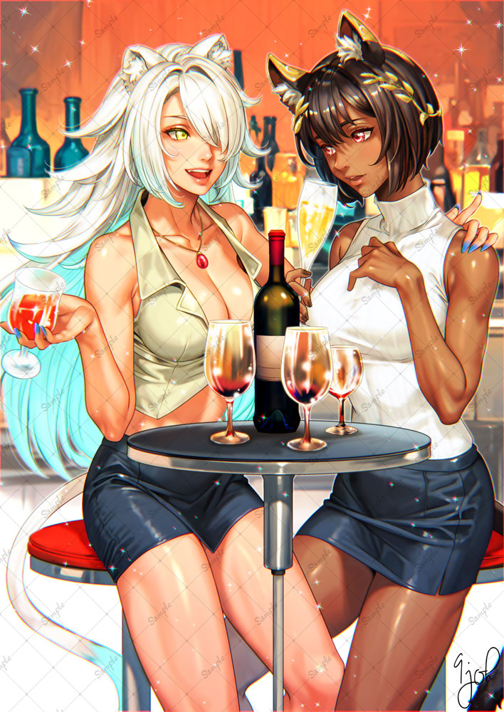 kkkiss etc, original, commentary, commentary request, commission, english commentary, mixed-language commentary, skeb commission, 2girls, :d, alcohol, animal ear fluff, animal ears, ardora (spartosmindset), bar (place), bare arms, bare shoulders, black hair, blue hair, blue nails, blue skirt, blue tail, bob cut, bottle, breasts, cat ears, cat girl, cat tail, chromatic aberration, cleavage, cocktail glass, collarbone, colored inner hair, crop top, cropped shirt, crossover, cup, dark-skinned female, dark skin, drinking glass, eye contact, flipped hair, glass bottle, hair over one eye, hand on another's shoulder, hand on own chest, head wreath, holding, holding cup, jewelry, large breasts, lion ears, lion girl, lion tail, long hair, looking at another, miniskirt, multi-source commentary, multicolored hair, multiple girls, on stool, open mouth, parted lips, pencil skirt, pendant, red eyes, red wine, shirt, short hair, signature, silver (shipsinfloat), sitting, skirt, sleeveless, sleeveless turtleneck, smile, sparkle, table, tail, turtleneck, turtleneck shirt, two-tone tail, watermark, watermark grid, white hair, white shirt, white tail, wine, wine bottle, wine glass, yellow eyes