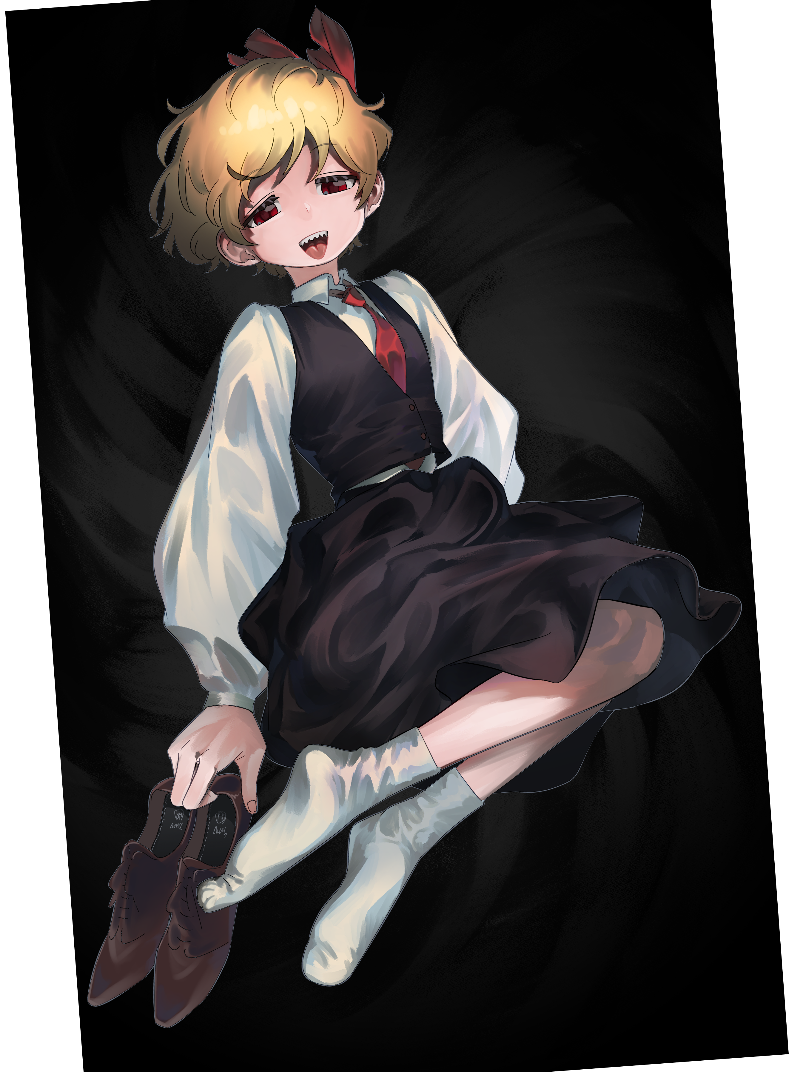 frogsnake, rumia, touhou, absurdres, commentary request, highres, 1girl, black background, black skirt, black vest, blonde hair, full body, holding, holding shoes, holding unworn clothes, long sleeves, looking at viewer, necktie, open mouth, red eyes, red necktie, sharp teeth, shirt, shoes, short hair, simple background, skirt, smile, socks, solo, teeth, unworn shoes, upper teeth only, vest, white shirt, white socks