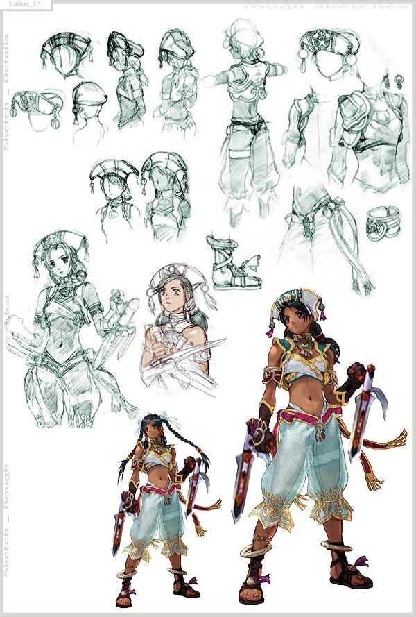 talim, soul calibur, soulcalibur, soulcalibur iv, concept art, 1girl, bladed tonfa, braid, hat, jewelry, tonfa, twintails, weapon