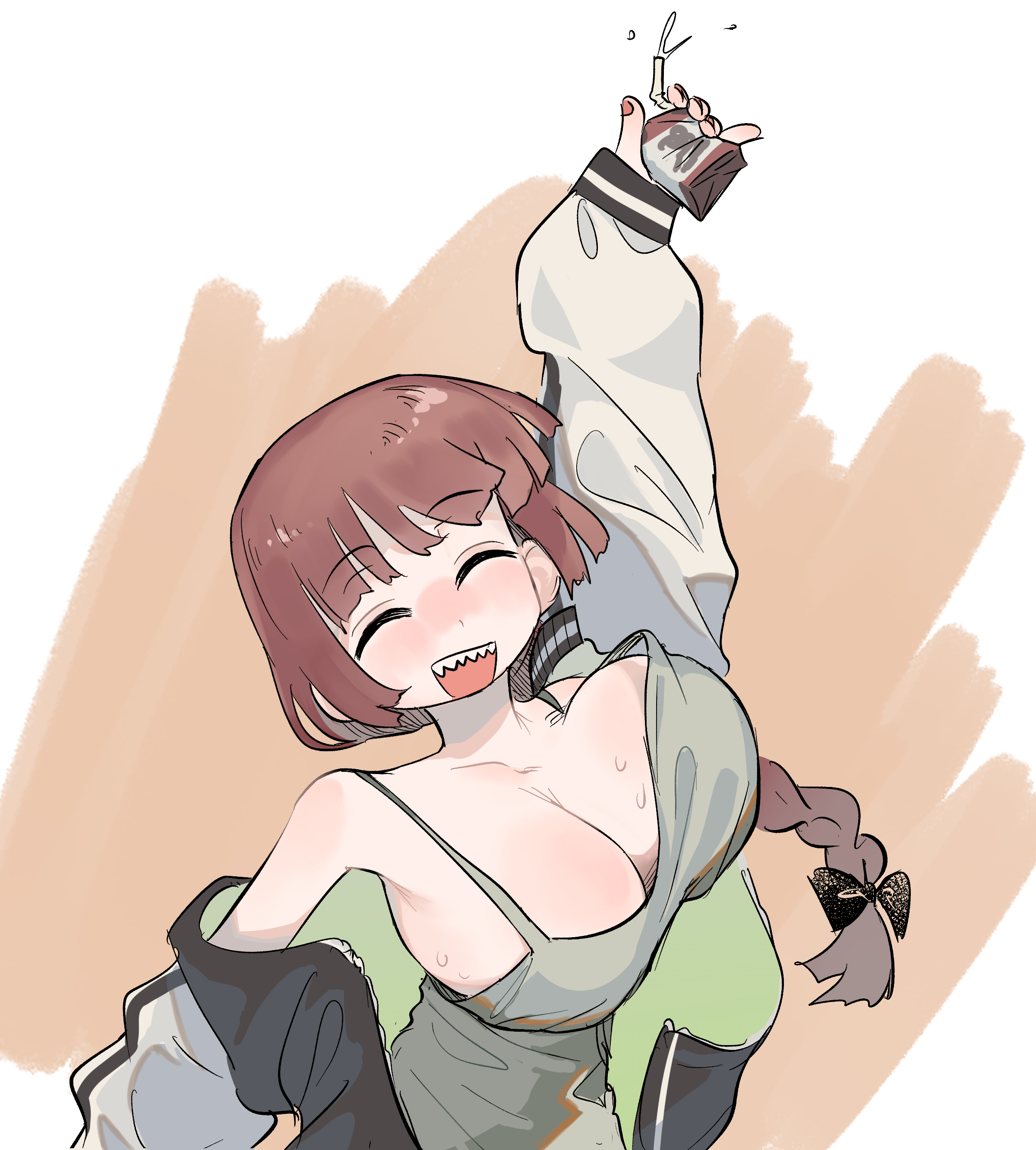 frogsnake, hiroi kikuri, bocchi the rock!, absurdres, commentary, highres, 1girl, ^ ^, alcohol carton, alternate breast size (larger), arm up, bare shoulders, bouncing breasts, bow, braid, breasts, brown hair, cleavage, closed eyes, dress, facing viewer, green dress, hair bow, holding, huge breasts, jacket, long hair, no bra, open clothes, open jacket, outstretched arm, sharp teeth, simple background, single braid, sleeveless, sleeveless dress, smile, solo, teeth, unaligned breasts, upper body, white jacket