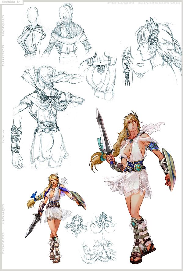 sophitia alexandra, soul calibur, soulcalibur, soulcalibur iv, concept art, official art, 1girl, armor, armored dress, blonde hair, blonde twist, braid, breasts, cleavage, crossed legs, dress, earrings, elk shield, gladiator sandals, goddess bracelet, goddess guards, goddess headdress, goddess robe, hair ornament, jewelry, kneehighs, large breasts, long hair, miniskirt, multiple views, omega sword, ribbon, sandals, shield, sideboob, simple background, skirt, socks, standing, sword, watson cross, weapon