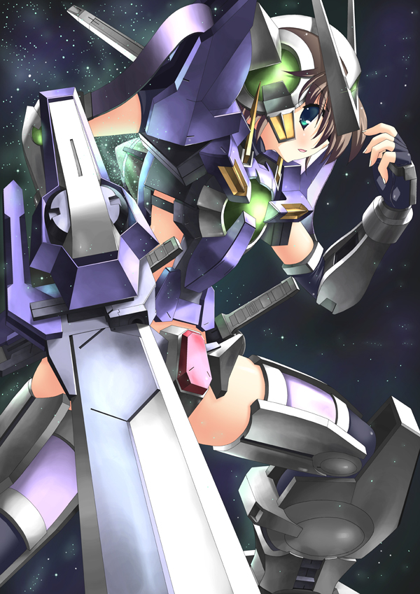 rappa (rappaya), exia, gundam exia, gundam, gundam 00, 00s, 1girl, brown hair, female focus, green eyes, mecha musume, solo