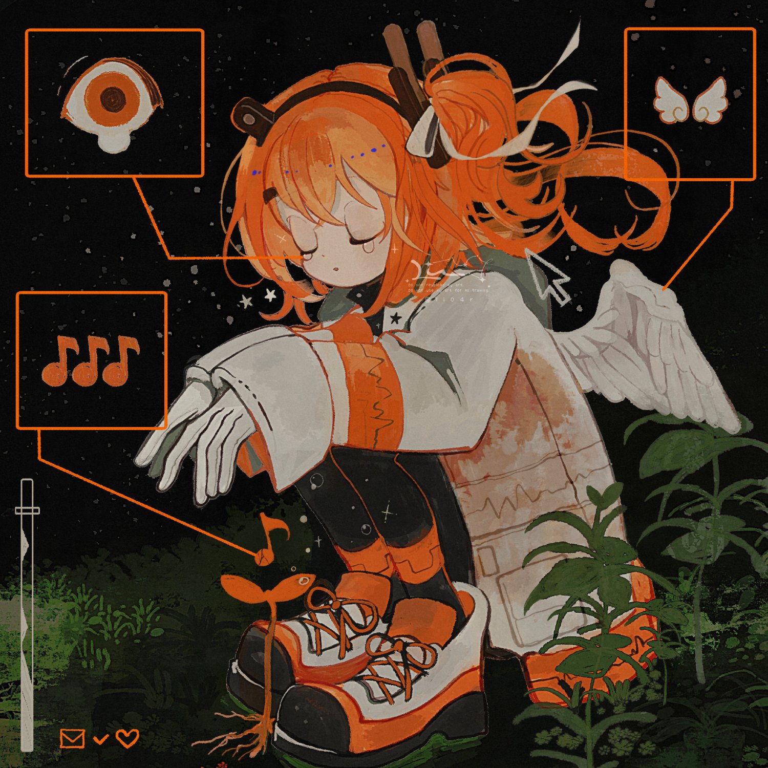 li04r, adachi rei, a.i. voice, utau, highres, 1girl, arms on knees, black pantyhose, boots, closed eyes, closed mouth, crying, cursor, floating hair, full body, gloves, headlamp, jacket, long sleeves, medium hair, musical note, one side up, orange eyes, orange hair, pantyhose, plant, radio antenna, solo, sparkle, sprout, squatting, star (symbol), white gloves, white jacket, wings