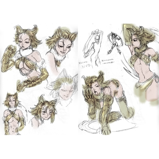 kawano takuji, tira (soulcalibur), soul calibur, soulcalibur, soulcalibur iii, concept art, 1girl, beads, breasts, cleavage, thighhighs, weapon