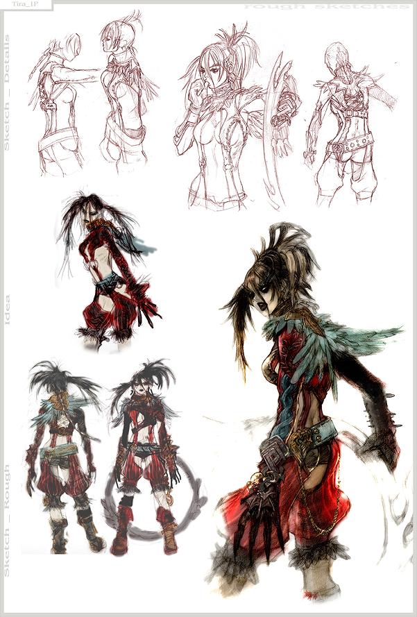 kawano takuji, tira (soulcalibur), soul calibur, soulcalibur, soulcalibur iv, concept art, 1girl, belt, black hair, eiserne drossel (weapon), feathers, gauntlets, ring blade, shorts, thumb sucking, weapon