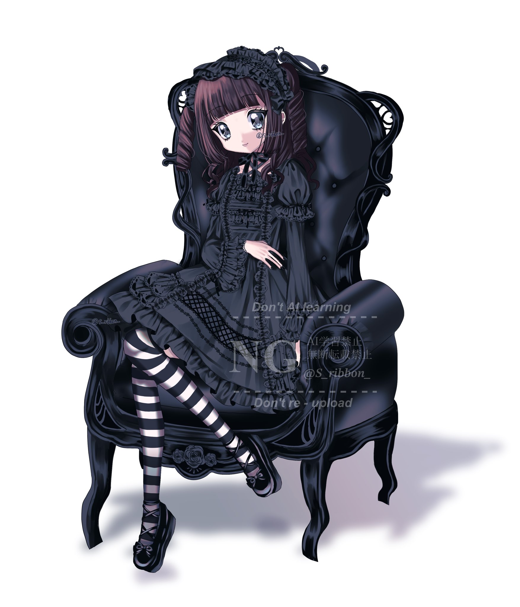 yuni (s ribbon), original, highres, 1girl, accurate lolita coord, black dress, black hairband, black shoes, brown hair, chair, dress, flat chest, frilled dress, frills, gothic lolita, hairband, lolita fashion, lolita hairband, long sleeves, mary janes, ringlets, shoes, sitting, smile, solo, striped clothes, striped thighhighs, thighhighs, twintails, watermark, white background