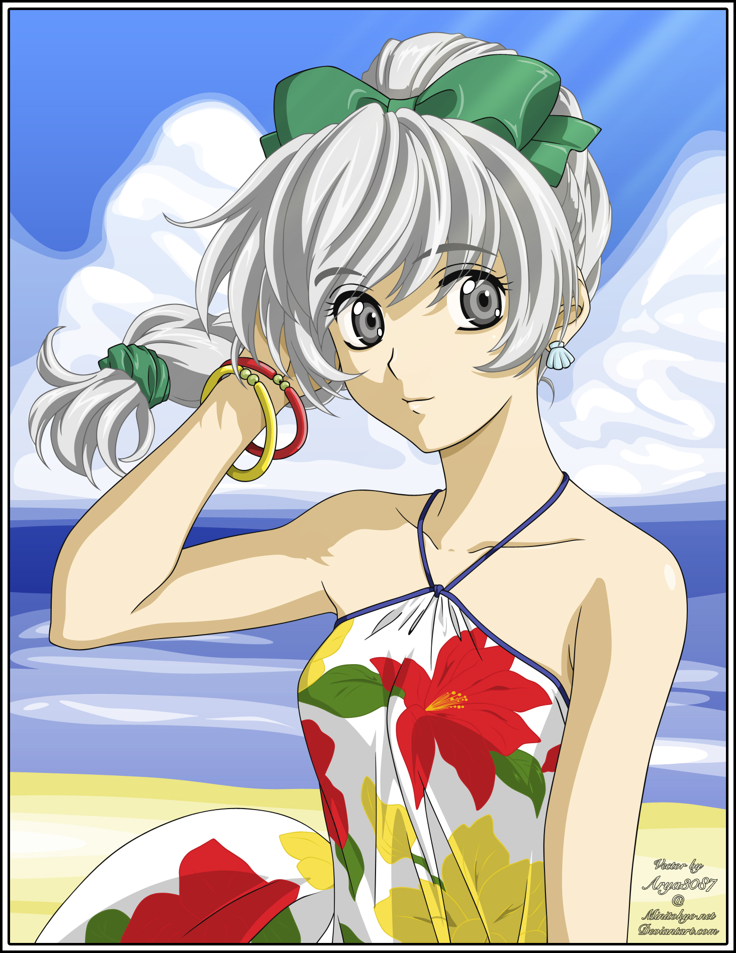 teletha testarossa, full metal panic!, silver hair, derivative work, highres, vector trace, 00s, 1girl, bare shoulders, beach, bracelet, braid, day, dress, female focus, grey eyes, jewelry, ponytail, ribbon, single braid, smile, solo, summer, sundress, watermark, wind