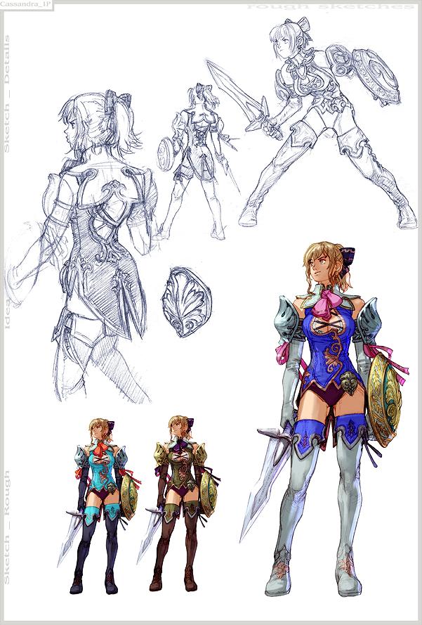 cassandra alexandra, soul calibur, soulcalibur, soulcalibur iv, concept art, 1girl, blonde hair, boots, fighting stance, from behind, legs, necktie, o3o, pink necktie, ribbon, shield, sword, thigh boots, thighhighs, weapon