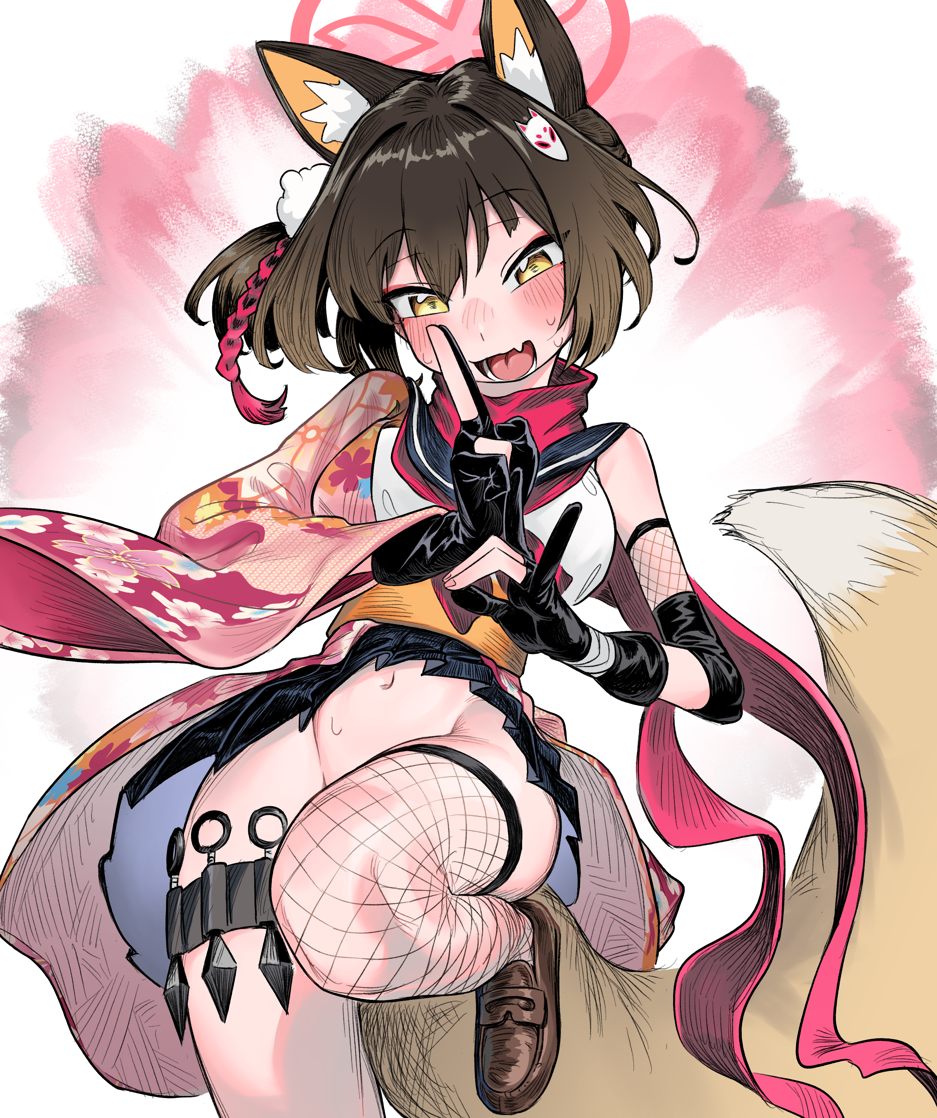 frogsnake, izuna (blue archive), blue archive, absurdres, highres, 1girl, animal ears, black gloves, blush, brown shoes, cowboy shot, fang, fishnet thighhighs, fishnets, fox ears, fox hair ornament, fox tail, gloves, halo, kunai, leg up, looking at viewer, navel, no panties, open mouth, partially fingerless gloves, red scarf, scarf, shoes, short hair, single thighhigh, skin fang, smile, solo, tail, thighhighs, weapon, yellow eyes