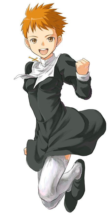 minato fumi, kasuga misora, mahou sensei negima!, 00s, 1girl, brown eyes, cross, female focus, nun, orange hair, short hair, solo, thighhighs, tomboy, white thighhighs