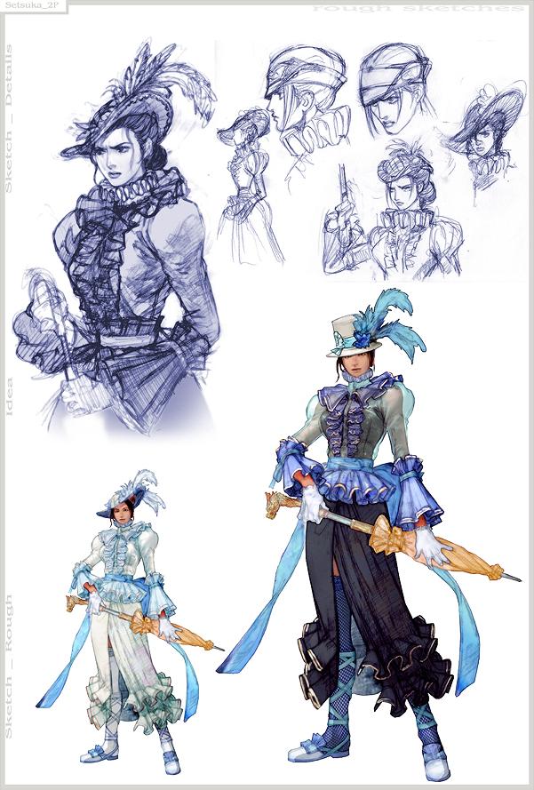 setsuka, soul calibur, soulcalibur, soulcalibur iv, concept art, 1girl, alternate costume, feathers, frills, gloves, hat, ribbon, thighhighs, top hat, umbrella