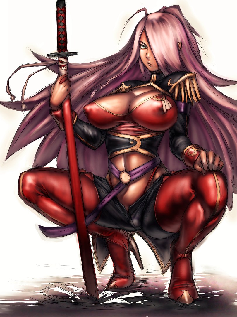 fumio (rsqkr), garnet mclane, dragonaut, 00s, 1girl, boots, breasts, covered erect nipples, dark-skinned female, dark skin, female focus, hair over one eye, high heel boots, high heels, huge breasts, katana, large breasts, long hair, pink hair, red boots, solo, squatting, sword, thigh boots, thighhighs, very long hair, weapon