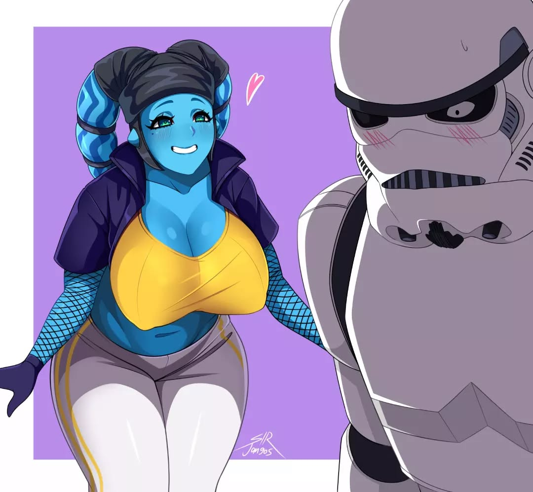 sir jangos, stormtrooper, twi'lek, star wars, 1boy, 1girl, alien, artist name, black gloves, black jacket, blue eyes, blue skin, blush, breasts, cleavage, colored skin, covered erect nipples, fishnet sleeves, fishnets, galactic empire (star wars), gloves, heart, jacket, large breasts, midriff, mole, mole under eye, pants, shiny skin, simple background, smile, sweatdrop, tank top, white pants, yellow tank top