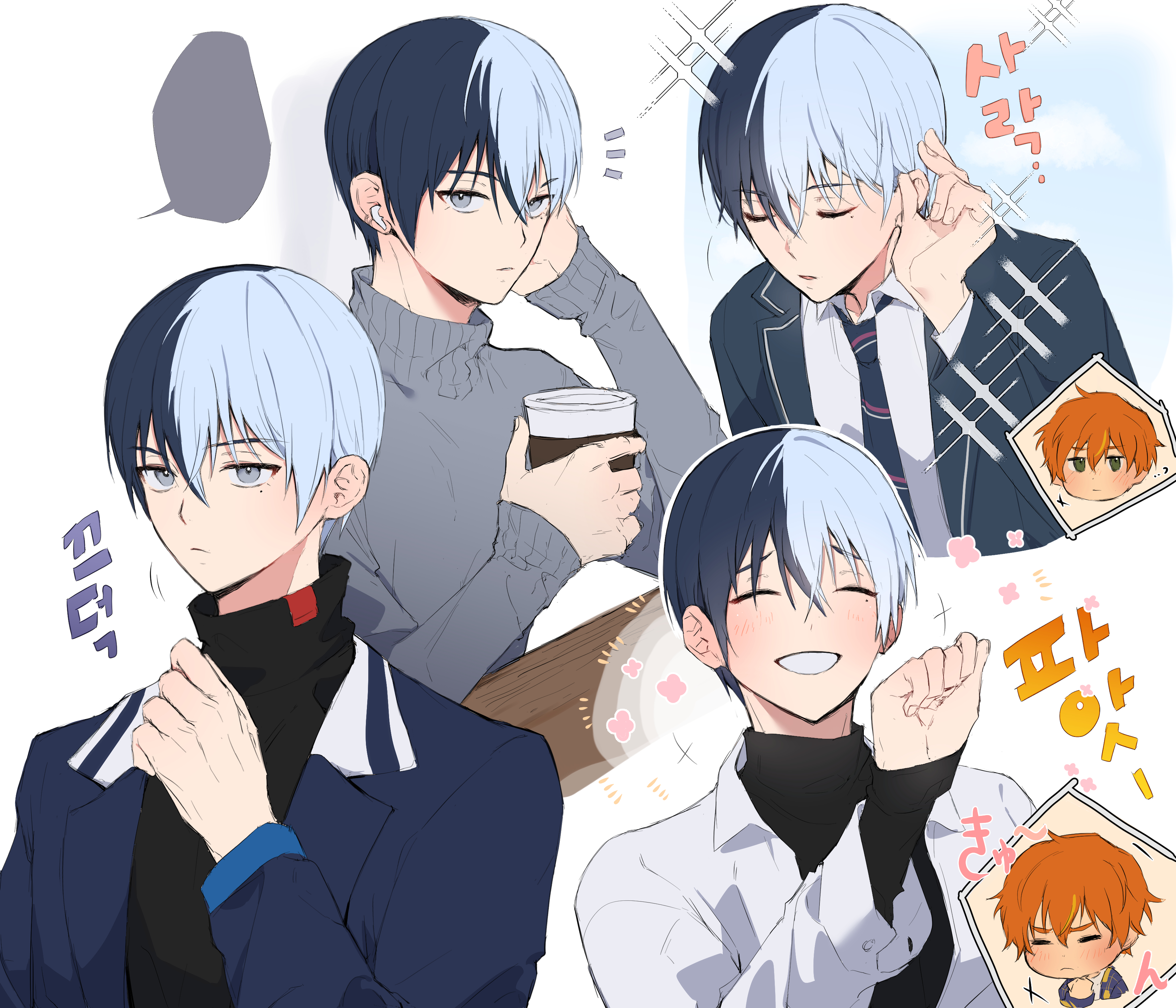 aoyagi touya, shinonome akito, project sekai, absurdres, commentary request, highres, korean commentary, translation request, 2boys, adjusting hair, black shirt, blazer, blue eyes, blue hair, clenched hand, clenched teeth, closed eyes, closed mouth, cup, disposable coffee cup, disposable cup, earphones, facing viewer, fingernails, green eyes, grey sweater, hand up, hingu 09, holding, holding cup, jacket, kamiyama high school uniform (project sekai), korean text, lapels, laughing, long sleeves, looking at viewer, male focus, mole, mole under eye, multicolored hair, multiple boys, multiple views, necktie, notched lapels, notice lines, orange hair, school uniform, shirt, short hair, simple background, smile, speech bubble, split-color hair, sweater, teeth, turtleneck, turtleneck sweater, two-tone hair, upper body, white background, wireless earphones, yaoi