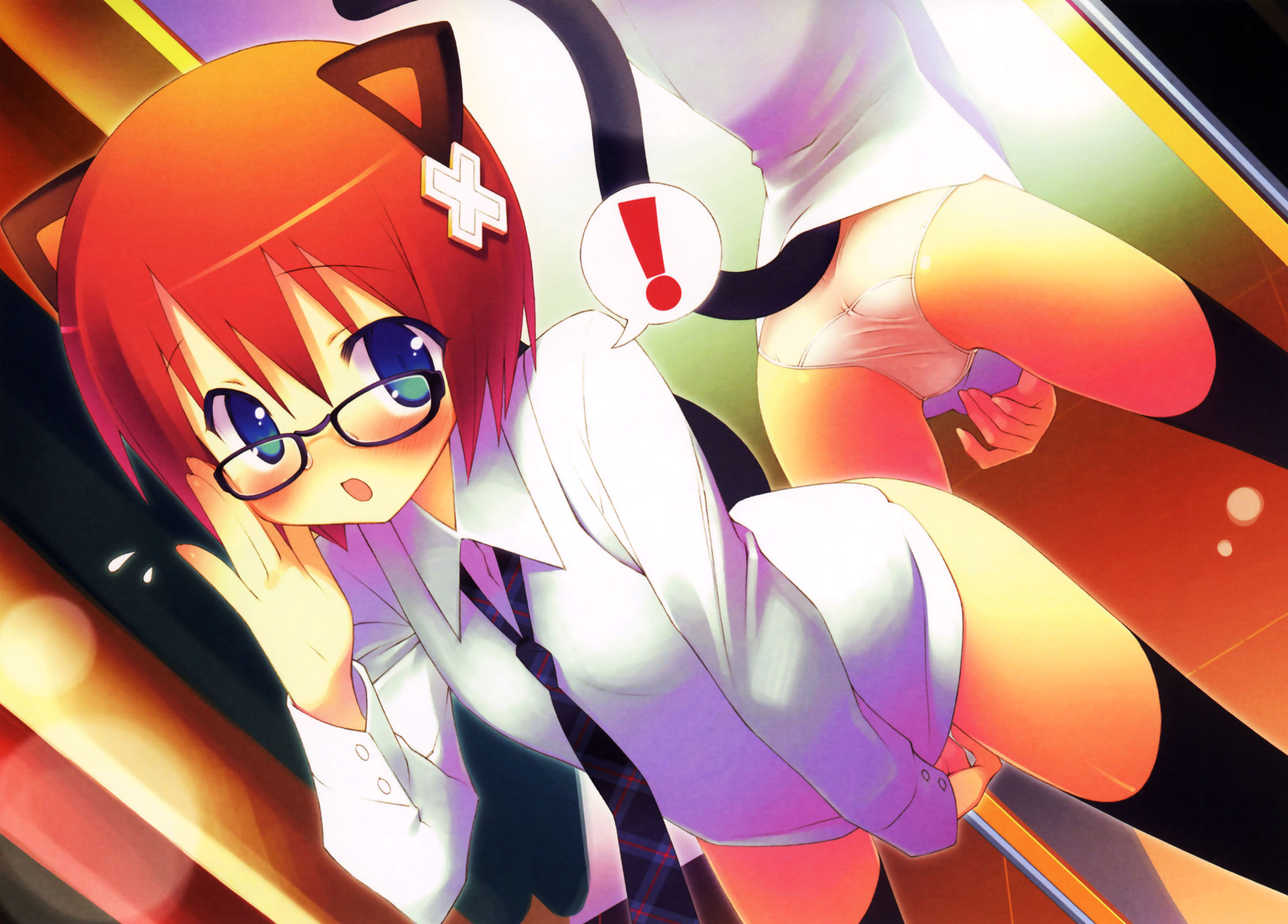 gayarou, azel, twinkle crusaders, highres, scan, !, 1girl, :o, adjusting eyewear, animal ears, ass, bent over, black thighhighs, blue eyes, blush, bob cut, cat ears, cat tail, dutch angle, female focus, flat chest, glasses, gradient hair, hair ornament, leaning forward, mirror, multicolored hair, necktie, no pants, panties, red hair, reflection, short hair, solo, standing, surprised, sweatdrop, tail, thighhighs, underwear, white panties