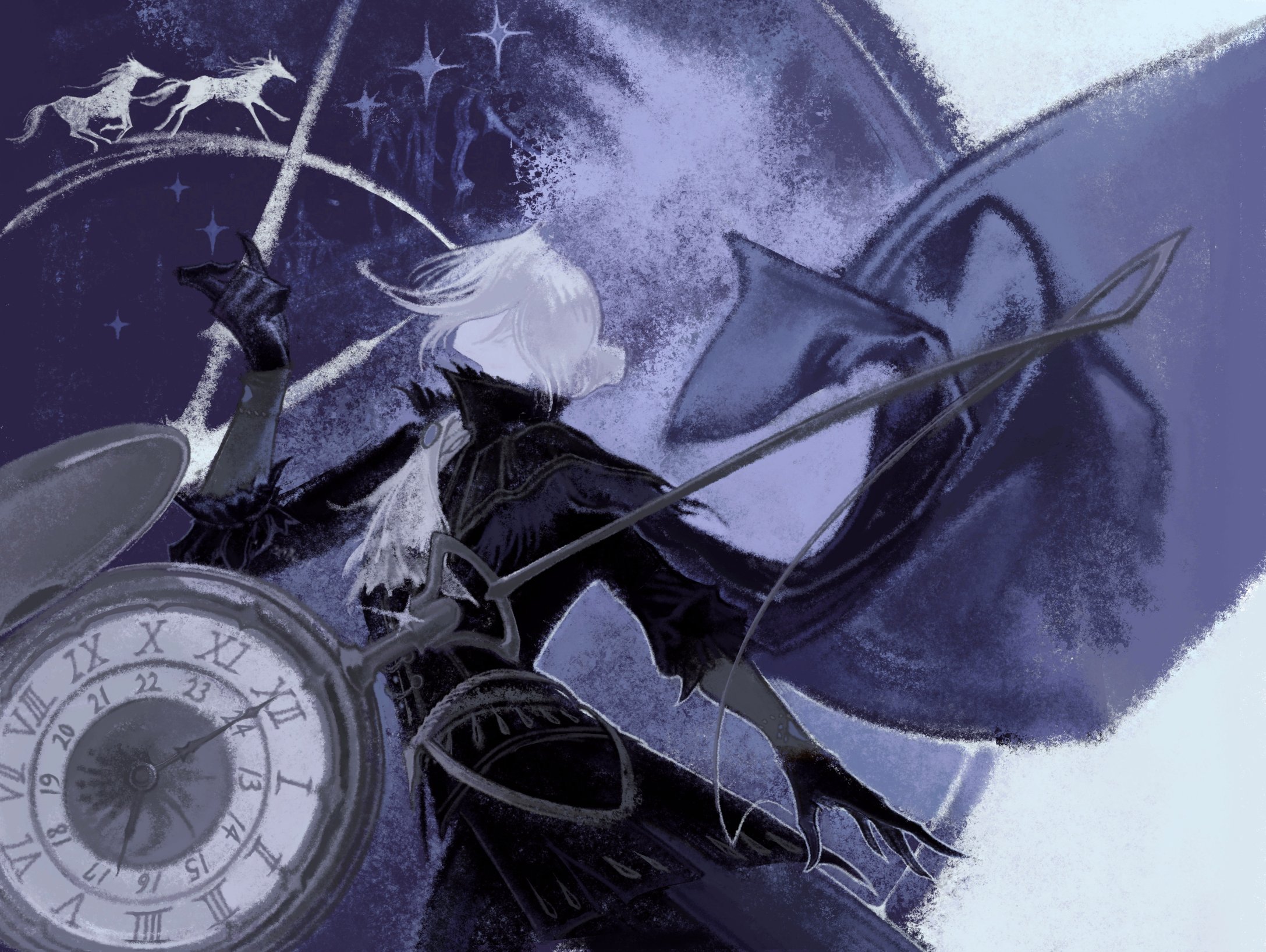 cruentum noctis, duchess (elden ring), elden ring, elden ring nightreign, highres, 1girl, ascot, blonde hair, formal clothes, gloves, horse, long hair, sword, watch, weapon, white ascot, white gloves