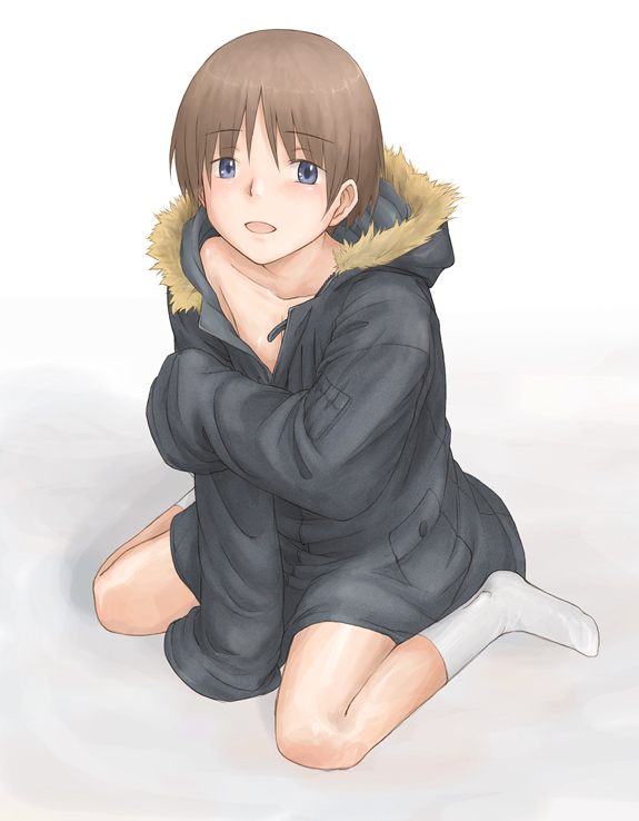 minato fumi, gender request, androgynous, bare pectorals, blue eyes, blush, brown hair, coat, collarbone, kneeling, naked coat, oversized clothes, pectorals, short hair, socks, solo