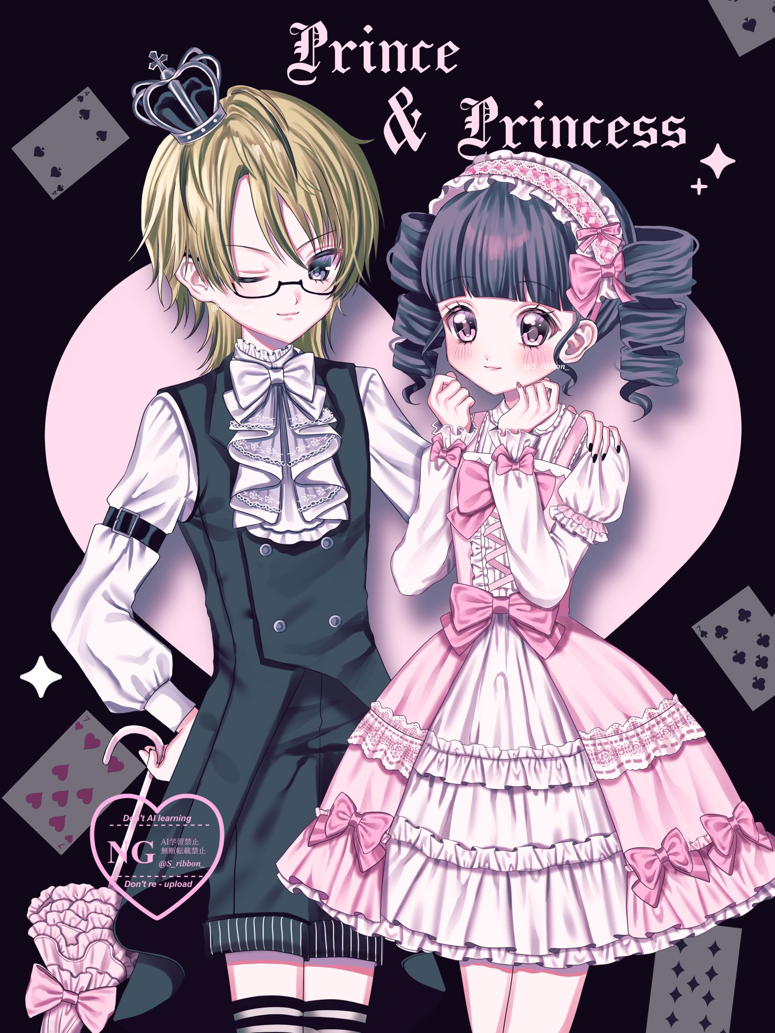 yuni (s ribbon), original, commentary, english commentary, highres, 1boy, 1girl, accurate lolita coord, ascot, bishounen, black hair, black shorts, black vest, blonde hair, blush, bow, buttons, card, closed umbrella, crown, dress, drill hair, english text, fashion, flat chest, frilled dress, frills, glasses, hairband, lolita fashion, lolita hairband, long sleeves, medium hair, one eye closed, ouji fashion, parasol, pink bow, pink dress, playing card, shirt, short hair, shorts, smile, sweet lolita, twin drills, umbrella, vest, watermark, white ascot, white shirt