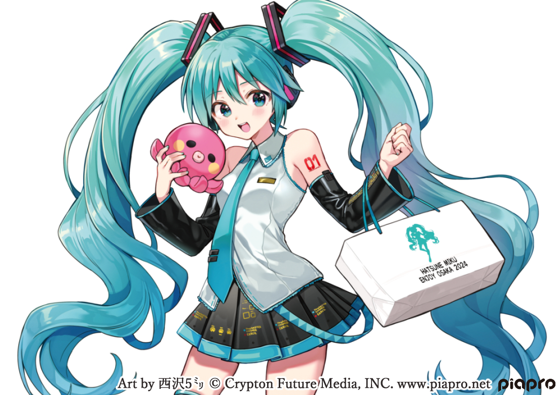 nishizawa, hatsune miku, vocaloid, commentary request, 1girl, absurdly long hair, aqua eyes, aqua hair, aqua nails, aqua necktie, aqua trim, arm tattoo, bag, black skirt, blush, breasts, collared shirt, hair between eyes, hair ornament, headset, holding, holding stuffed toy, long hair, looking at viewer, medium breasts, miniskirt, necktie, number tattoo, open mouth, pleated skirt, shirt, simple background, skirt, sleeveless, sleeveless shirt, smile, solo, stuffed animal, stuffed toy, tattoo, very long hair, white background, white shirt