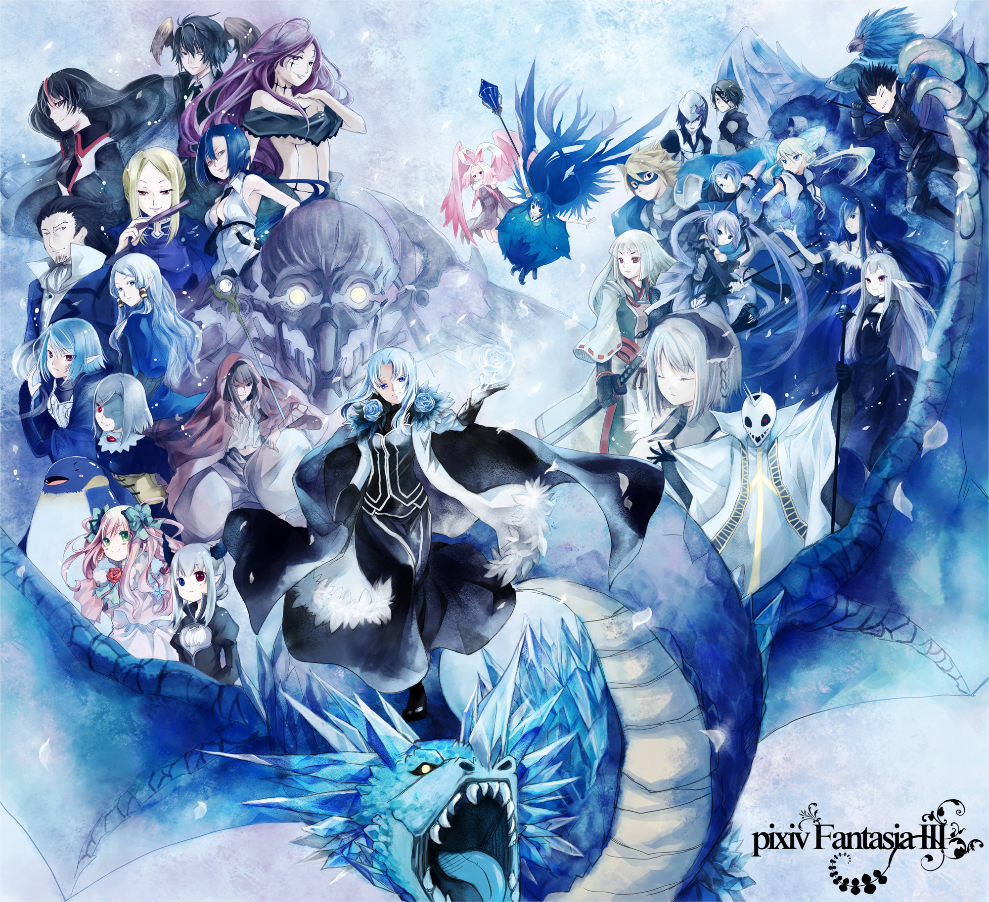 kaedena akino, miyabi akino, camellia (pixiv fantasia), cararina, drake (pixiv fantasia), elaine (pixiv fantasia), giriam (pixiv fantasia), pixiv fantasia, pixiv fantasia 3, bad id, bad pixiv id, highres, 6+boys, 6+girls, armor, bird, copyright name, dragon, gigandal federation, heterochromia, mask, multiple boys, multiple girls, penguin, staff, sword, weapon