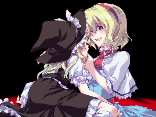 onemu, alice margatroid, kirisame marisa, touhou, bad id, bad pixiv id, 2girls, blonde hair, blue eyes, blush, female focus, hairband, hat, multiple girls, short hair, witch, witch hat, yuri