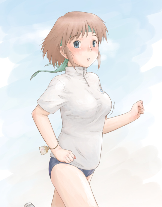 minato fumi, 1girl, blue eyes, blush, breasts, brown hair, buruma, female focus, gym uniform, headband, medium breasts, running, short hair, solo