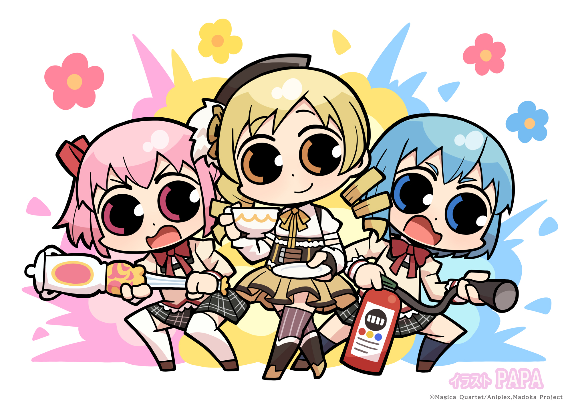 papa (shimeguru), kaname madoka, miki sayaka, tomoe mami, tomoe mami (magical girl), mahou shoujo madoka magica, mahou shoujo madoka magica (anime), commentary request, highres, official art, second-party source, 3girls, artist name, black gloves, black skirt, blonde hair, blue eyes, blue hair, boots, brown boots, brown eyes, brown hat, brown shoes, brown thighhighs, chibi, chibi only, closed mouth, copyright notice, cup, detached sleeves, fingerless gloves, full body, gloves, hair ribbon, hat, holding, holding cup, holding fire extinguisher, holding plate, juliet sleeves, long hair, long sleeves, magical girl, mitakihara school uniform, multiple girls, neck ribbon, open mouth, pink eyes, pink hair, plate, pleated skirt, puffy sleeves, red ribbon, ribbon, school uniform, shirt, shoes, short hair, short sleeves, short twintails, skirt, smile, standing, striped clothes, striped thighhighs, teacup, thick eyebrows, thighhighs, twintails, v-shaped eyebrows, vertical-striped clothes, vertical-striped thighhighs, white shirt, white sleeves, white thighhighs, yellow ribbon, yellow shirt, zettai ryouiki