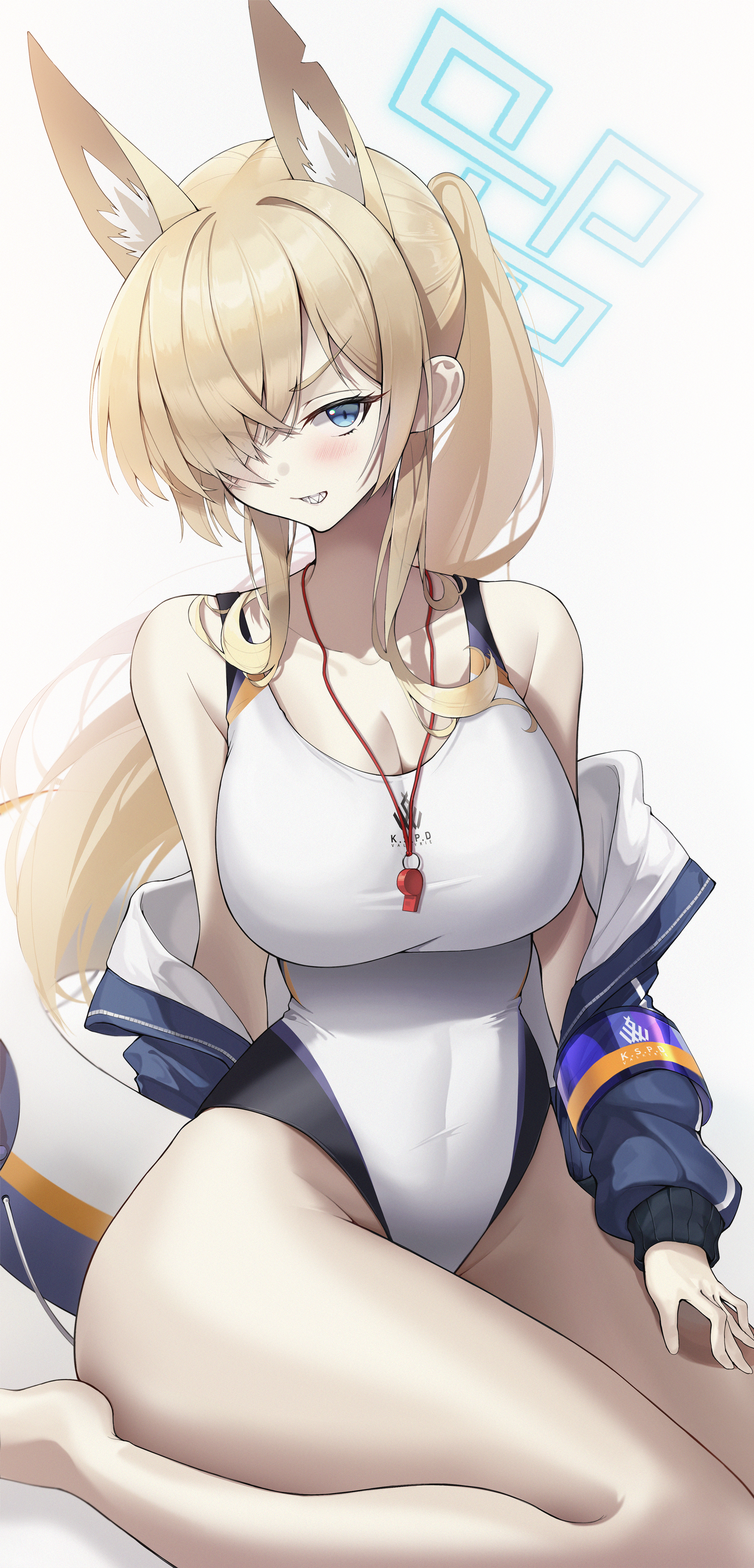 user purg4332, kanna (blue archive), kanna (swimsuit) (blue archive), blue archive, absurdres, highres, 1girl, animal ear fluff, animal ears, blonde hair, blue eyes, blue halo, blue jacket, breasts, competition swimsuit, covered navel, dog ears, dog girl, extra ears, hair over one eye, halo, highleg, highleg one-piece swimsuit, jacket, jacket partially removed, large breasts, long hair, looking at viewer, notched ear, official alternate costume, one-piece swimsuit, ponytail, simple background, solo, swimsuit, whistle, whistle around neck, white background, white one-piece swimsuit