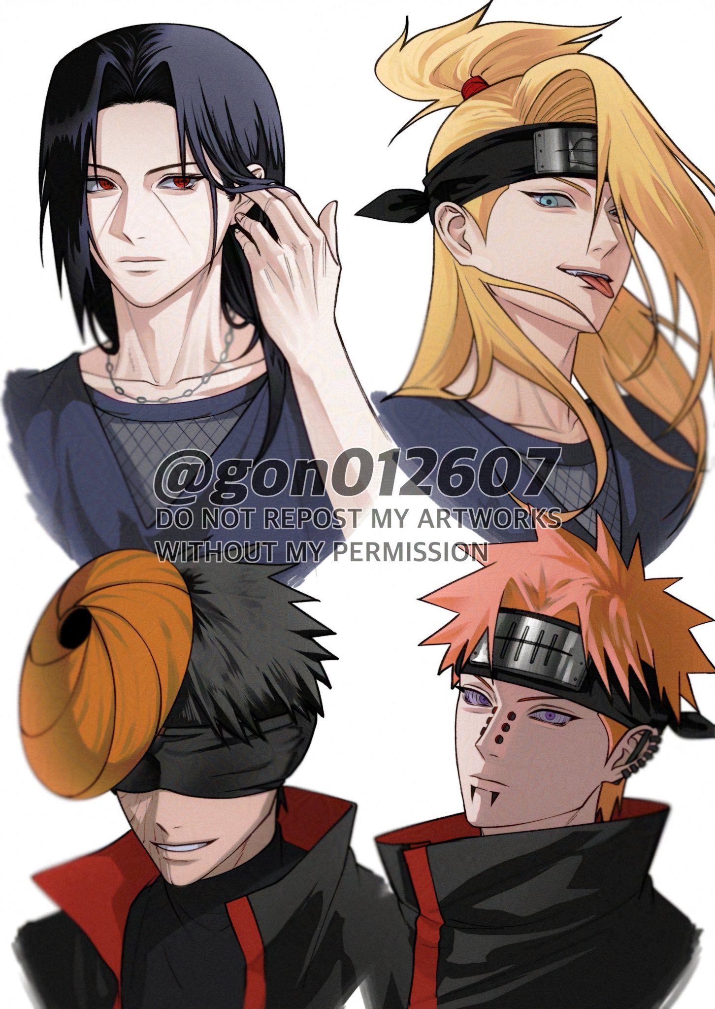 gon012607, deidara (naruto), pain (naruto), tobi (naruto), uchiha itachi, uchiha obito, naruto (series), highres, 4boys, akatsuki uniform, black hair, black headband, black shirt, blindfold, blonde hair, blue eyes, earrings, face piercing, facial mark, facial scar, fishnet top, fishnets, hair over one eye, hair tie, half updo, hand in own hair, headband, jewelry, lip piercing, long hair, looking at viewer, male focus, mask, mask on head, multiple boys, multiple earrings, necklace, nose piercing, orange hair, parted bangs, parted lips, piercing, ponytail, portrait, purple eyes, red eyes, ringed eyes, scar, scar on cheek, scar on face, shirt, short hair, smile, swept bangs, tongue, tongue out, twitter username, upper body, white background
