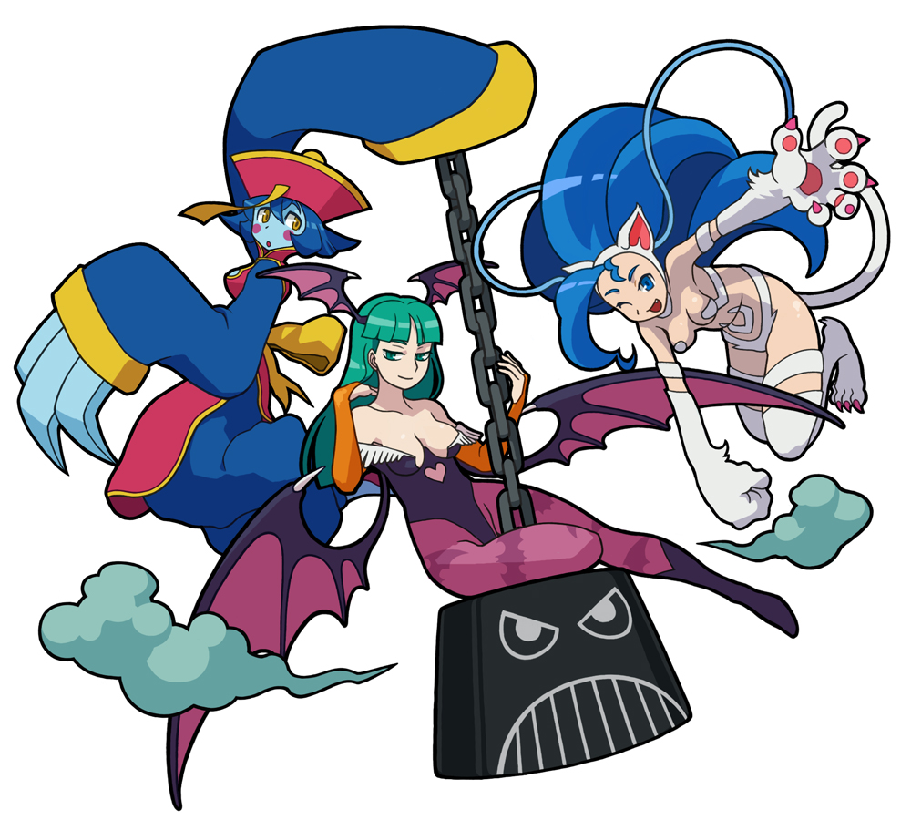 noumiso, felicia (darkstalkers), hsien-ko, morrigan aensland, capcom, darkstalkers, print legwear, 3girls, animal ears, animal hands, animal print, bare shoulders, bat print, bat wings, blue eyes, blue hair, blue skin, blush, body fur, boots, breasts, cat ears, cat tail, chain, claws, cleavage, cleavage cutout, clothing cutout, colored skin, demon girl, detached sleeves, elbow gloves, fang, flipped hair, gloves, green eyes, green hair, hat, head wings, jiangshi, large breasts, leotard, long hair, multiple girls, one eye closed, pantyhose, short hair, tail, wings, wink, yellow eyes