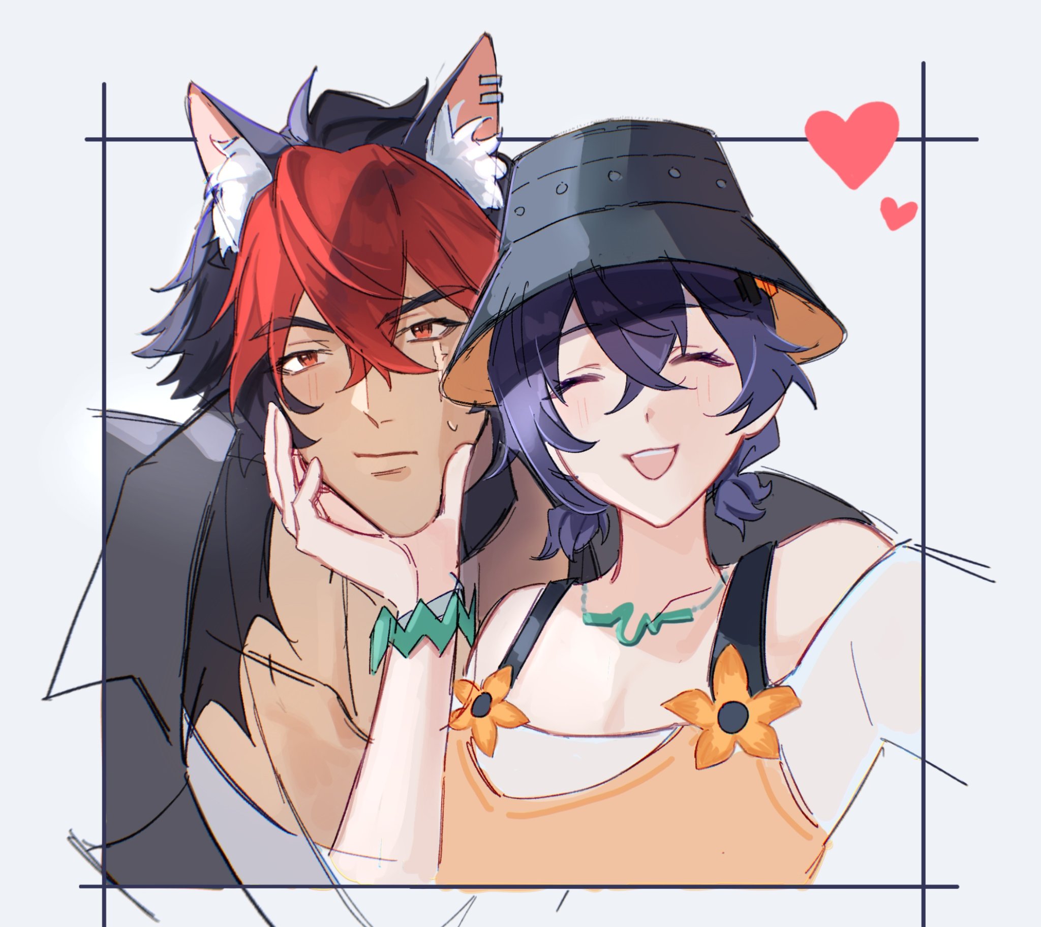 belle (summer skies) (zenless zone zero), belle (zenless zone zero), komano manato, zenless zone zero, highres, 1boy, 1girl, animal ear fluff, animal ears, bikini, bikini top under shirt, bikini under clothes, black hair, black jacket, blush, bucket hat, closed eyes, closed mouth, dog boy, facing viewer, fishstickk01, hair between eyes, hand on another's chin, hat, heart, jacket, looking at viewer, multicolored hair, open mouth, purple hair, red eyes, red hair, scar, scar on face, shirt, short hair, smile, swimsuit, teeth, two-tone hair, upper teeth only, white shirt