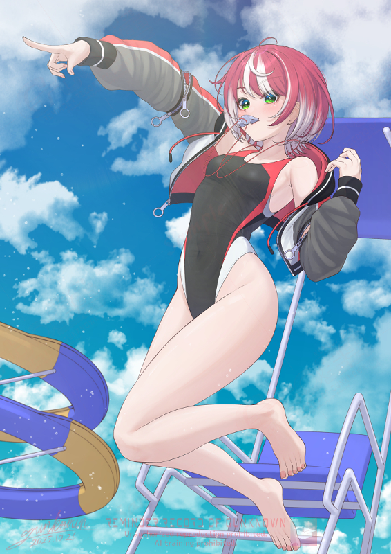 gunknown, tomori manaka, idolmaster, idolmaster va-liv, commentary request, 1girl, barefoot, black one-piece swimsuit, blue sky, chair, cloud, colored inner hair, competition swimsuit, full body, grey jacket, jacket, jumping, lifeguard, lifeguard chair, mouth hold, multicolored hair, multicolored jacket, multicolored swimsuit, one-piece swimsuit, red hair, short hair, sky, solo, streaked hair, swimsuit, two-tone hair, virtual youtuber, watersilde, white hair
