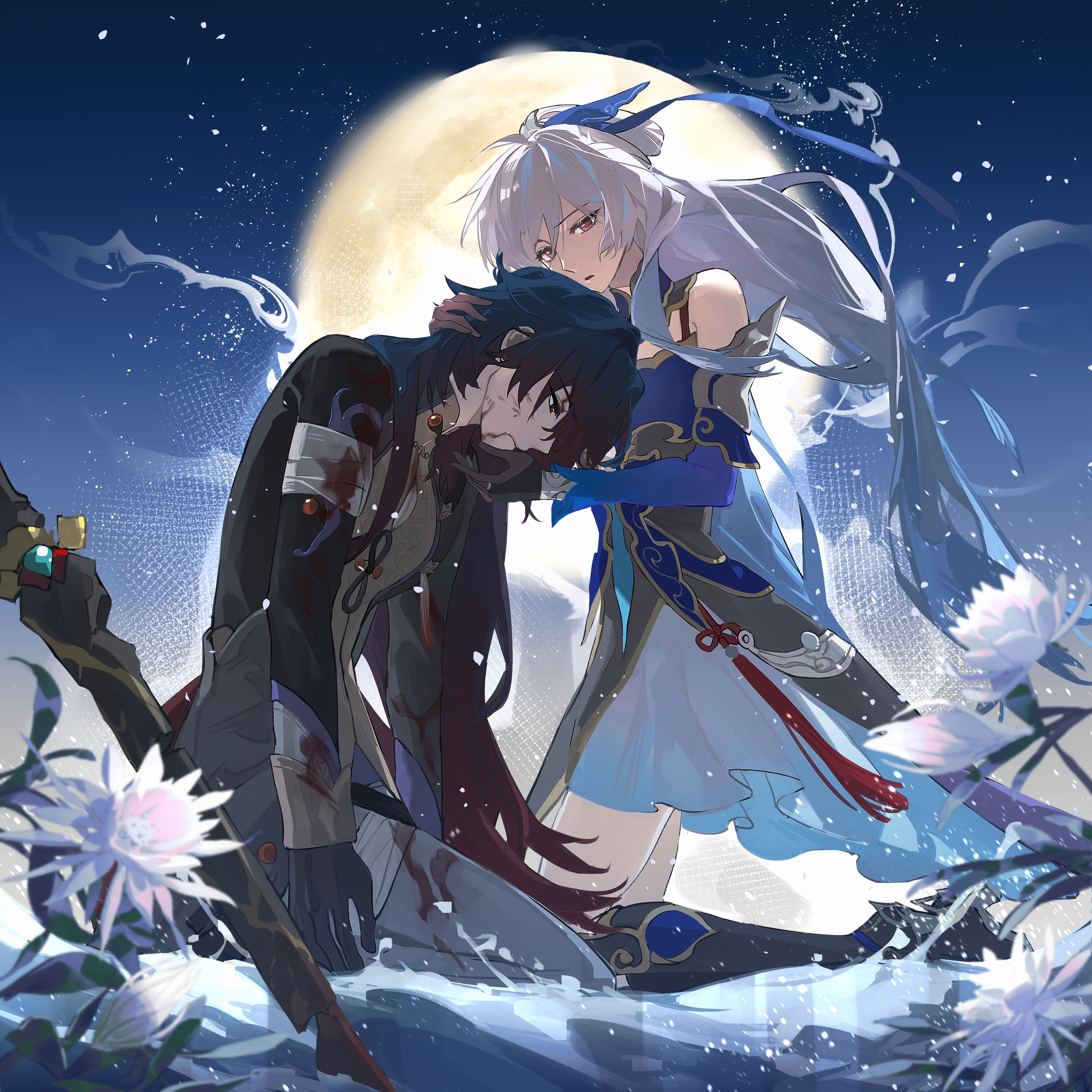 blade (honkai: star rail), jingliu (honkai: star rail), honkai: star rail, honkai (series), absurdres, highres, 1boy, 1girl, bandaged leg, bandages, bare shoulders, black boots, black gloves, black hair, blood, blood from mouth, blood on clothes, blood on face, blue dress, blue ribbon, blurry, boots, china dress, chinese clothes, closed mouth, couple, depth of field, detached sleeves, dress, dying, empty eyes, flower, from side, full moon, gloves, gradient hair, grey hair, grey pants, hair between eyes, hair flowing over, hair ribbon, hands on another's head, head on chest, kneeling, leaning forward, leaning on person, leaning to the side, long sleeves, looking down, moon, multicolored hair, night, night sky, open mouth, outdoors, pants, parted bangs, red eyes, ribbon, sad, seiza, shade, sitting, sky, smoke, smoke trail, star (sky), starry sky, water, wavy hair, weapon, worried, yanhuitangqian