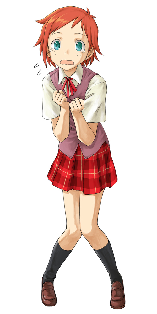 minato fumi, murakami natsumi (negima), mahou sensei negima!, 00s, 1girl, asymmetrical hair, blue eyes, female focus, freckles, full body, miniskirt, open mouth, orange hair, plaid clothes, plaid skirt, pleated skirt, ribbon, school uniform, shoes, short hair, simple background, skirt, socks, solo, standing, tears, vest, wavy mouth