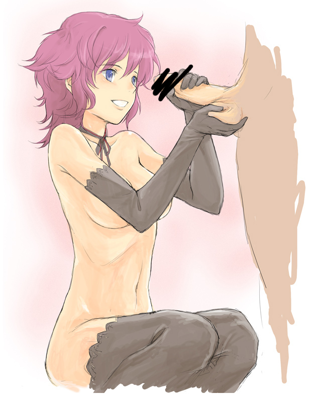 minato fumi, 1boy, 1girl, blue eyes, breasts, caressing testicles, censored, choker, elbow gloves, gloved handjob, gloves, gradient background, handjob, happy, hetero, large breasts, nude, penis, purple hair, ribbon choker, short hair, sketch, solo focus, squatting, testicles, thighhighs