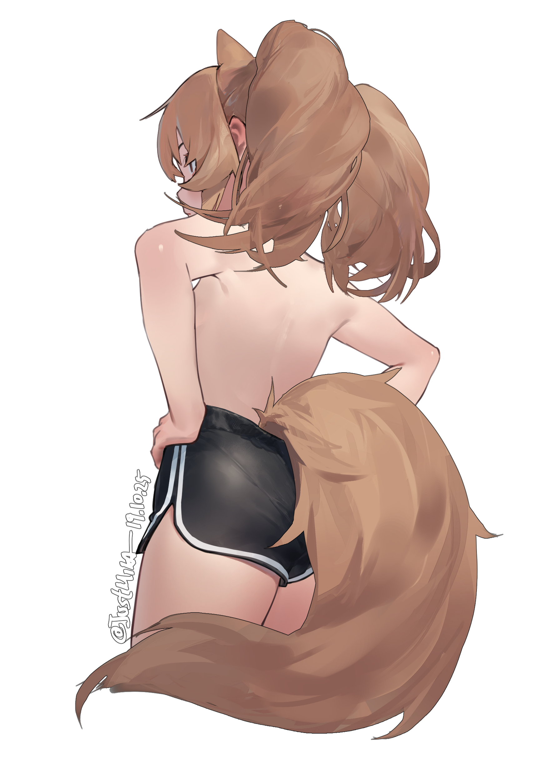mkrk mikaerukung, angelina (arknights), arknights, absurdres, commentary, english commentary, highres, 1girl, animal ears, black shorts, brown hair, dated, dolphin shorts, extra ears, fox ears, fox girl, fox tail, from behind, hands on own hips, shorts, simple background, solo, tail, topless female, twintails, twitter username, white background