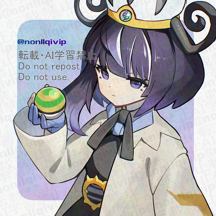 yamanashi taiki, gwynn (pokemon), nintendo, pokemon, pokemon legends: z-a, 1girl, black dress, black hair, blue gloves, blunt bangs, closed mouth, coat, dress, eyelashes, gloves, hat, holding, holding poke ball, long sleeves, looking at viewer, mega stone, nest ball, open clothes, open coat, partially fingerless gloves, poke ball, purple eyes, purple hair, short hair, solo, twitter username, white coat