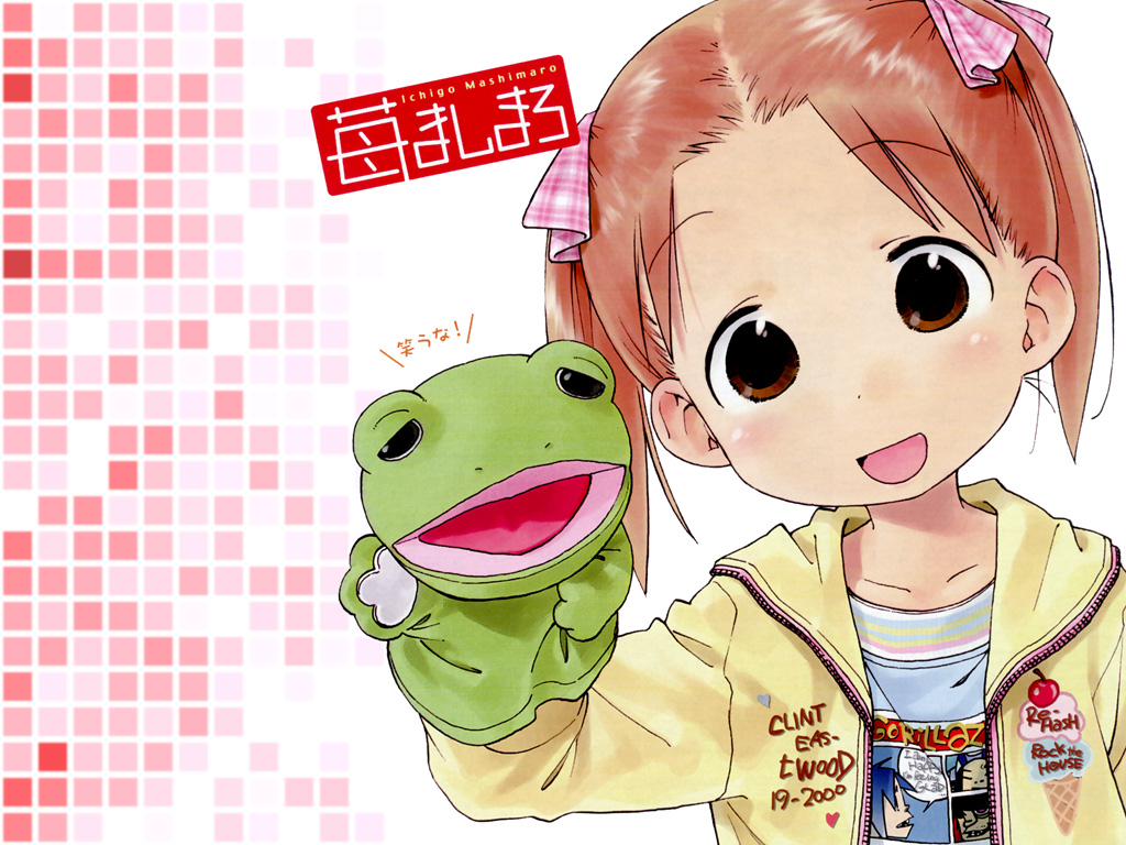barasui, matsuoka miu, murdoc niccals, noodle (gorillaz), stuart pot, gorillaz, ichigo mashimaro, puppetmuppet, 1girl, brown hair, child, english text, female focus, frog, puppet, solo