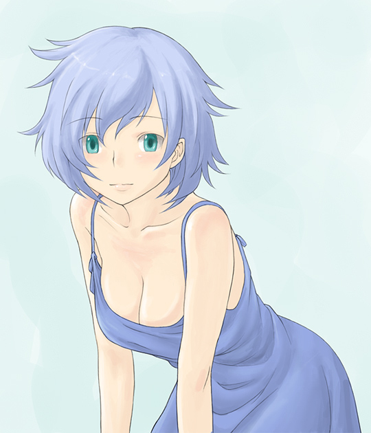 minato fumi, aqua eyes, blue hair, blush, breasts, cleavage, dress, large breasts, short hair, smile, solo