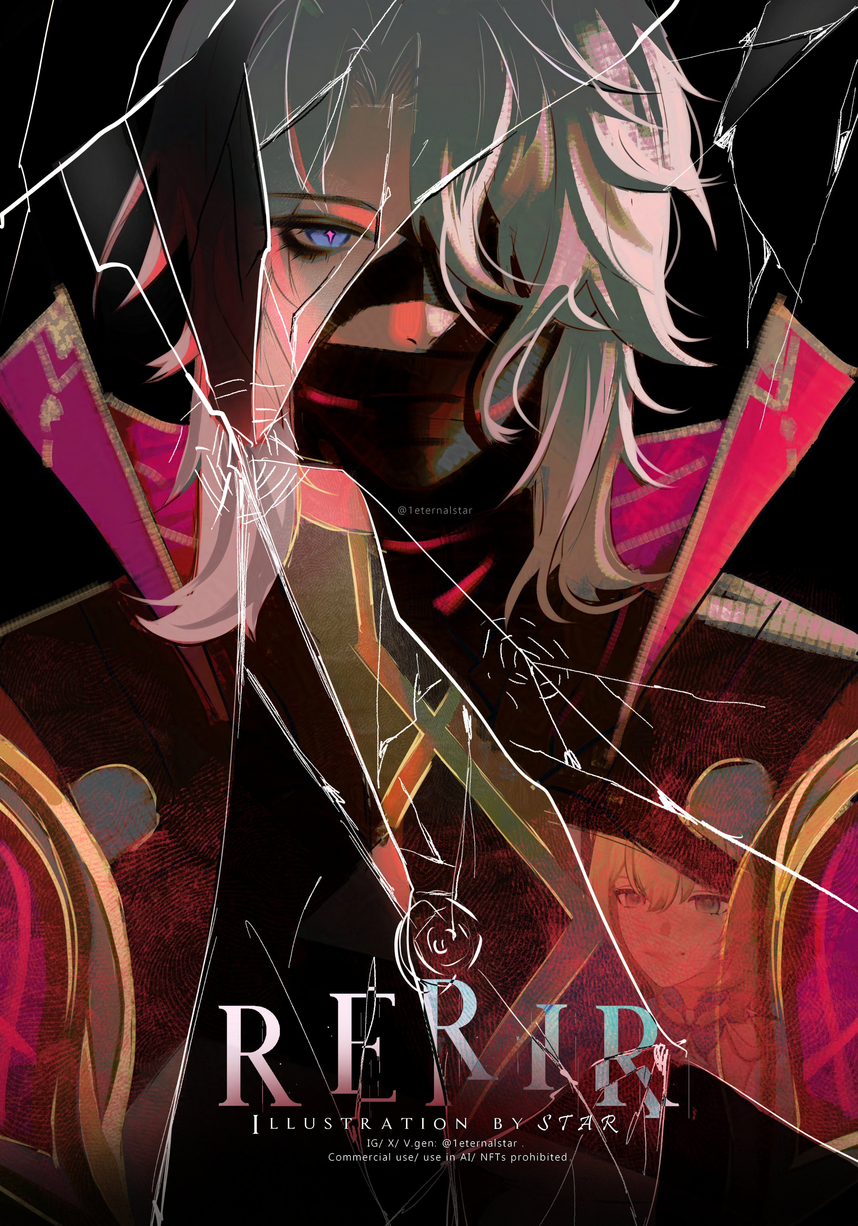 1eternalstar, rerir (genshin impact), genshin impact, absurdres, hashtag-only commentary, highres, 1boy, bandage over one eye, bandaged head, bandages, bandages over mouth, black bandages, blue eyes, broken glass, character name, glass, long hair, male focus, twitter username, upper body, white hair