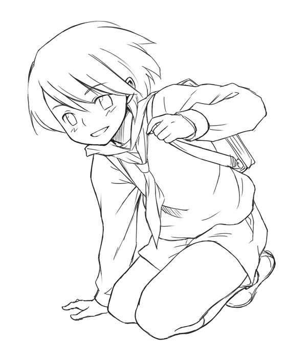 minato fumi, gender request, androgynous, backpack, bag, blush, bob cut, full body, greyscale, kneeling, legs, monochrome, randoseru, shoes, short hair, shorts, simple background, skirt, smile, solo, squatting, thighs