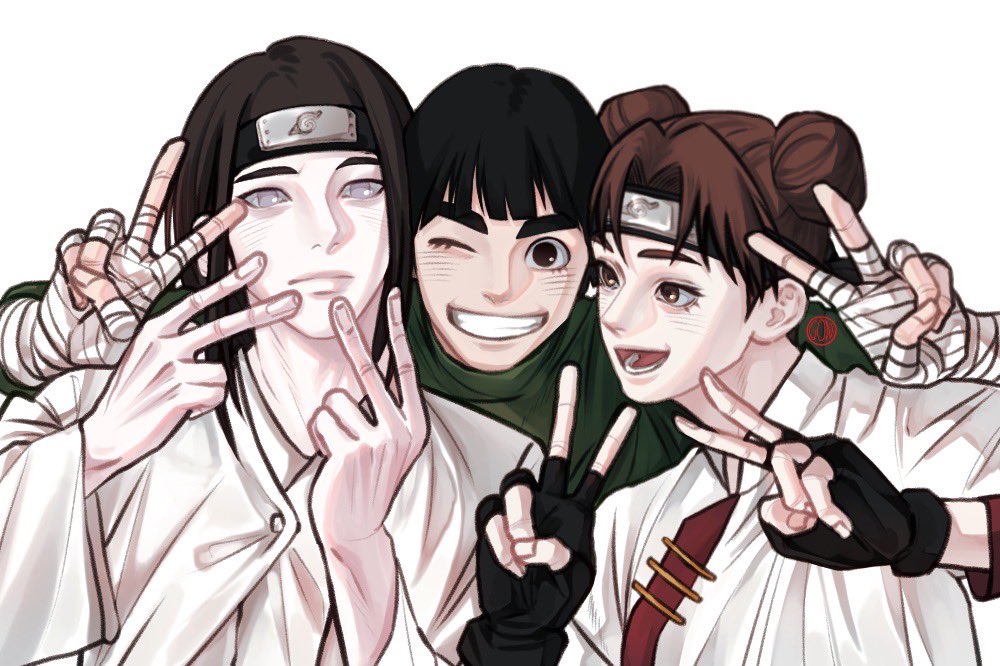 gon012607, hyuuga neji, rock lee, tenten (naruto), naruto (series), 1girl, 2boys, arm around shoulder, bandaged hand, bandages, black gloves, black hair, black headband, blunt bangs, bodysuit, bowl cut, brown eyes, brown hair, closed mouth, double bun, double v, fingerless gloves, gloves, green bodysuit, grey eyes, grin, hair bun, headband, jacket, light blush, long hair, multiple boys, no pupils, one eye closed, open mouth, pale skin, parted bangs, short hair, smile, teeth, thick eyebrows, upper body, v, white background, white jacket